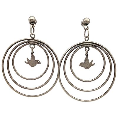Vintage Sterling Bird Dangle Cocoon Hoop Earrings - 6.1g