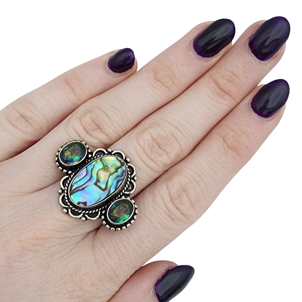 Lot 201: Sterling Mystic Topaz and Abalone Ring Sz 6.5