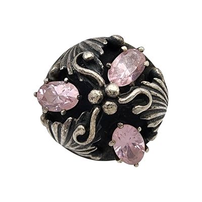 Vintage Signed Sterling Pink Tourmaline Dome Leaf Ring Sz 7 7.2g