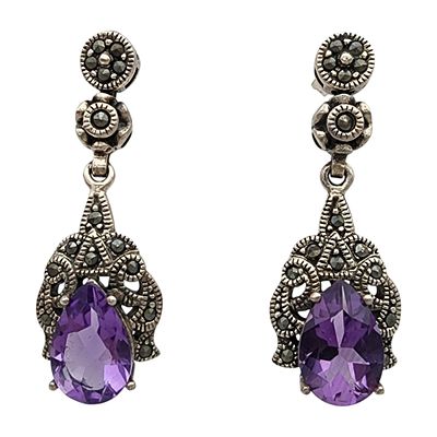 Sterling Amethyst Marcasite Dangle Earrings 9.1g