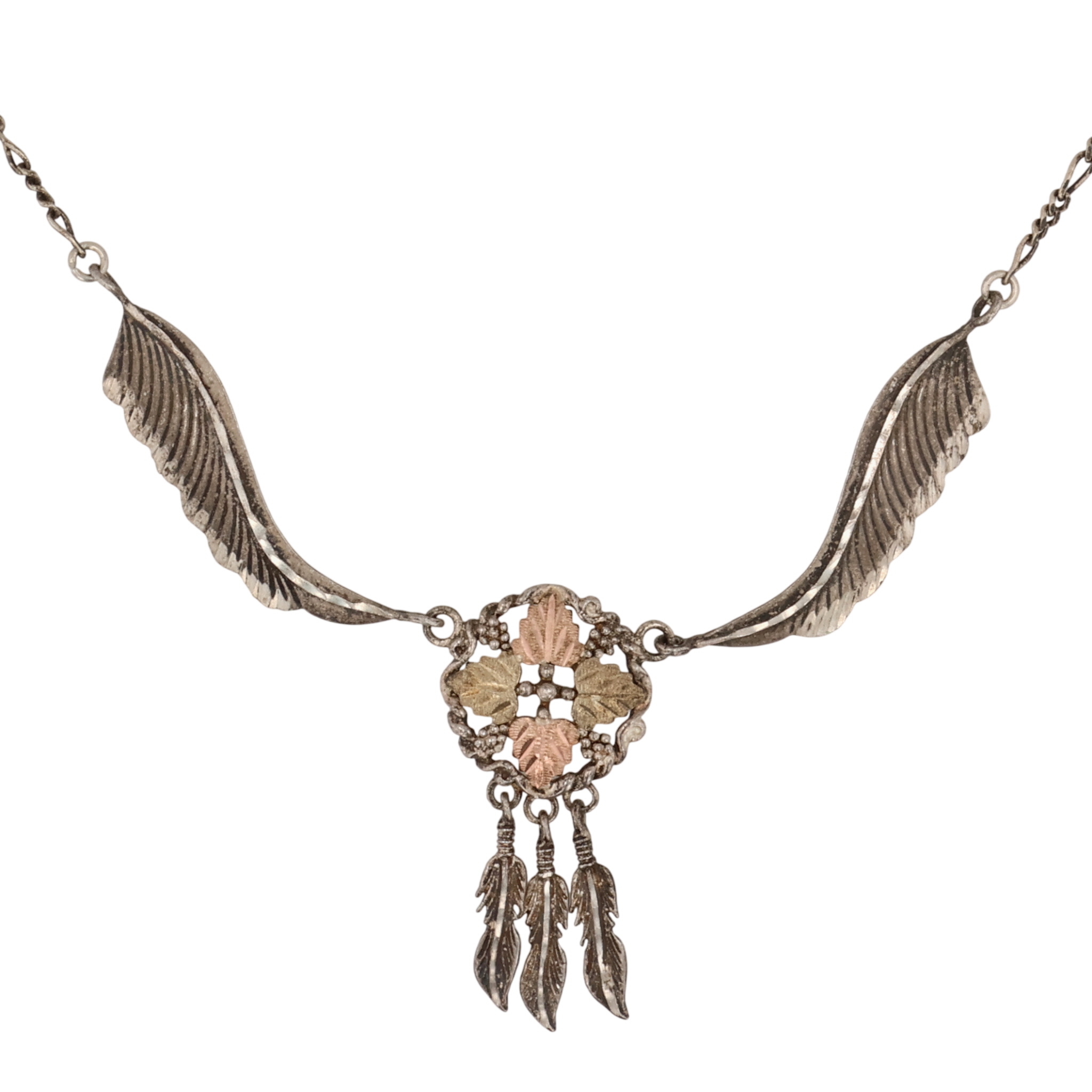 Southwest Sterling Feather Dangle Necklace