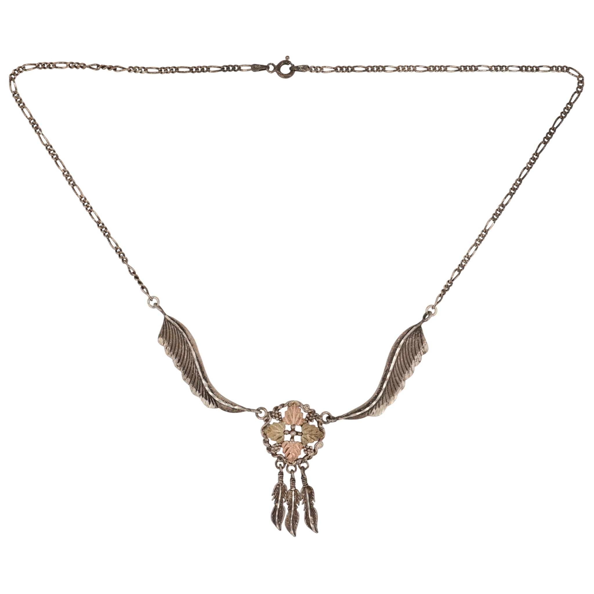 Southwest Sterling Feather Dangle Necklace