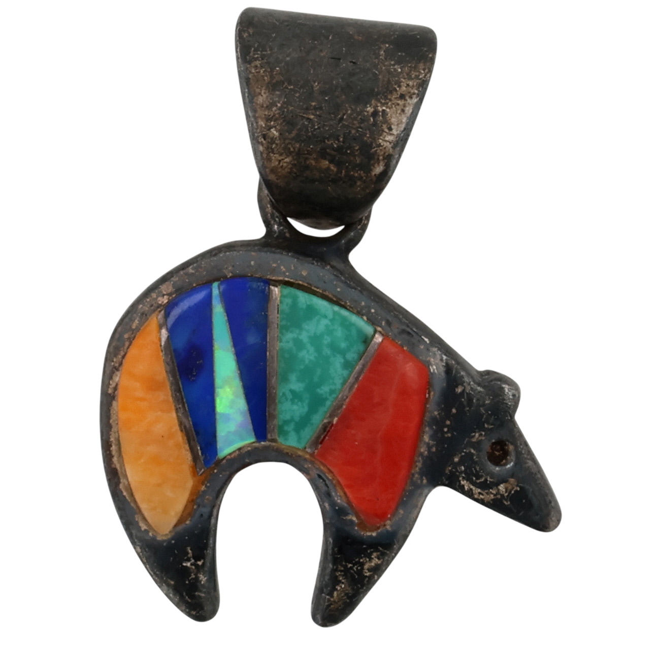 Signed Navajo Sterling Multi-Stone Inlay Bear Pendant