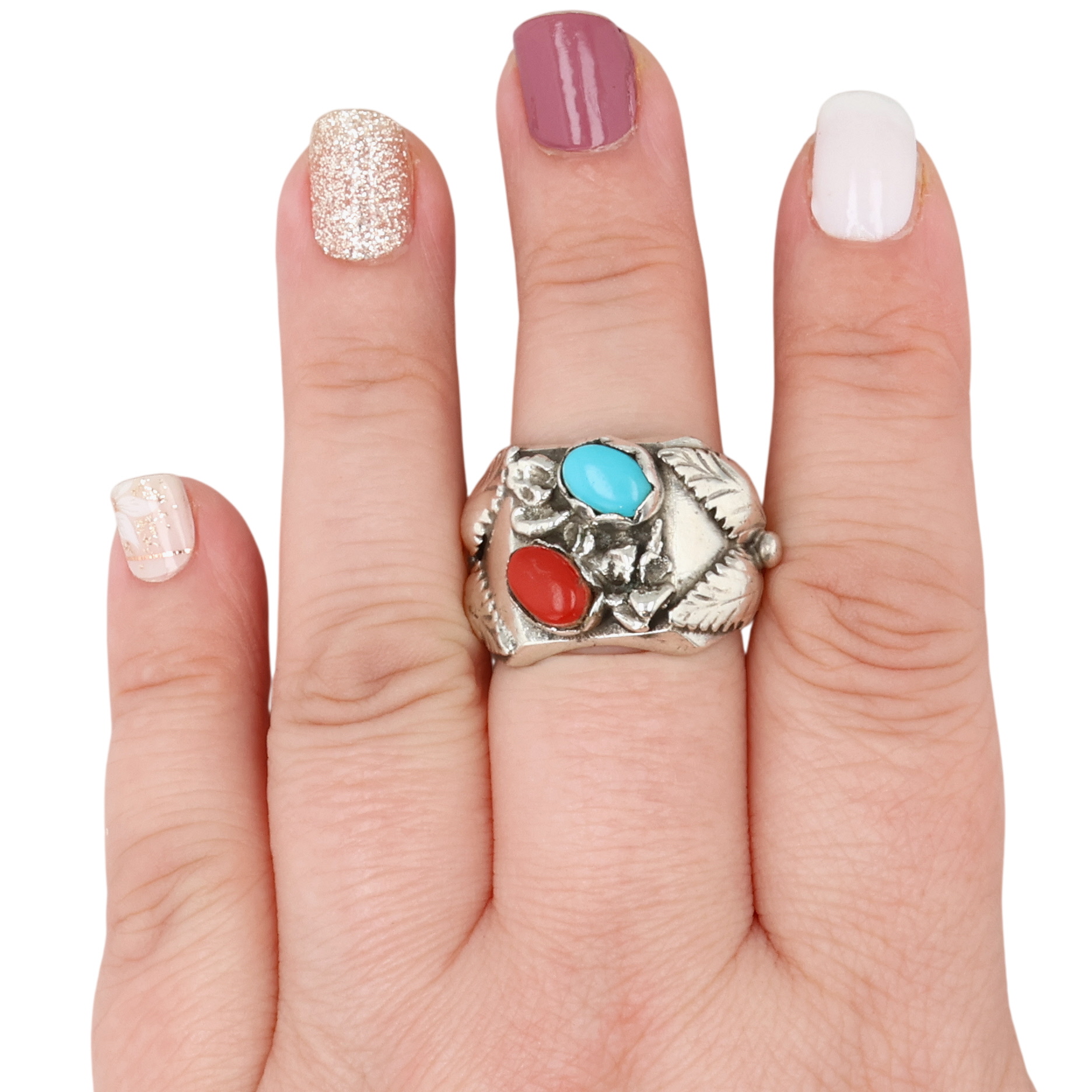 Navajo Sterling Coral Turquoise Ring Sz 10