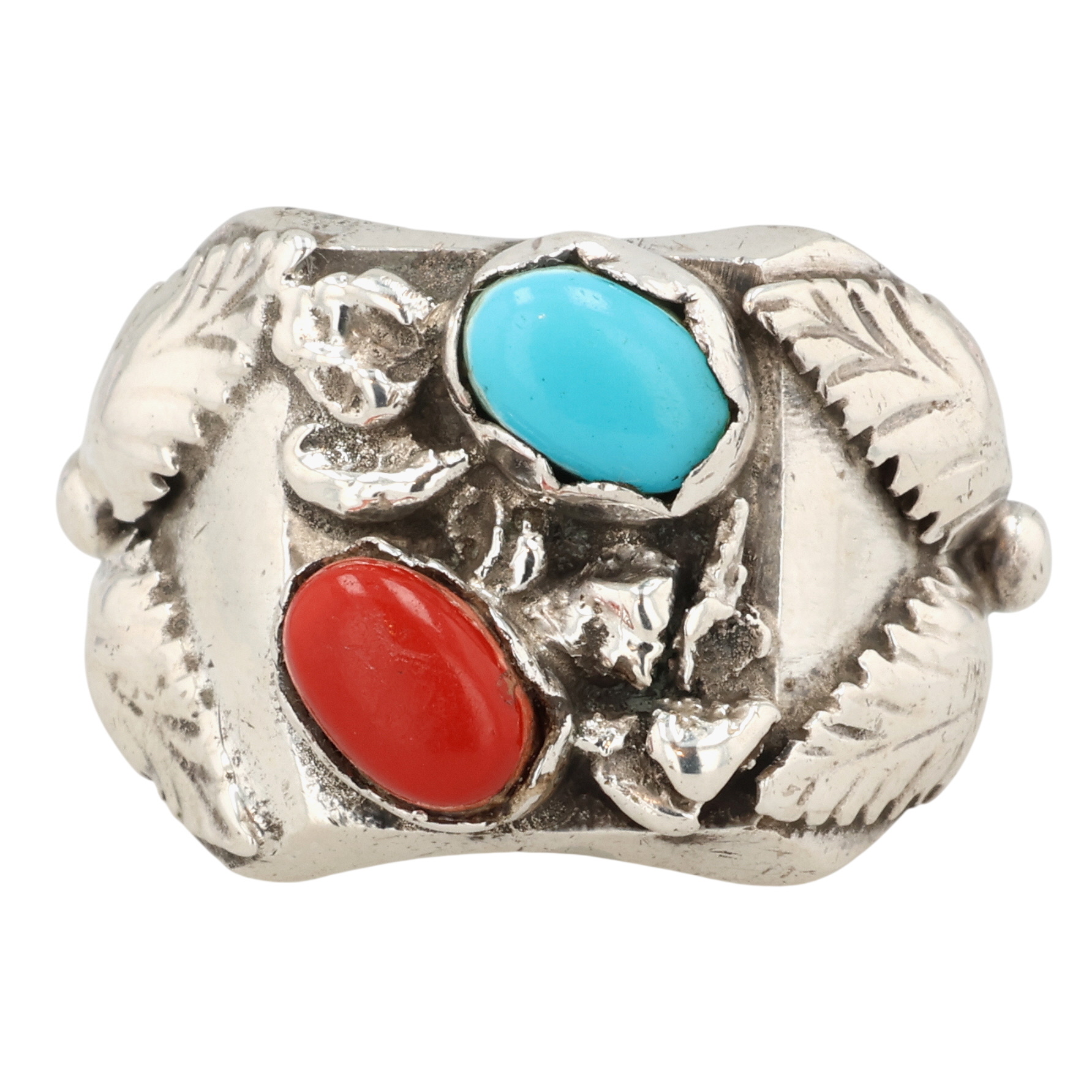 Navajo Sterling Coral Turquoise Ring Sz 10