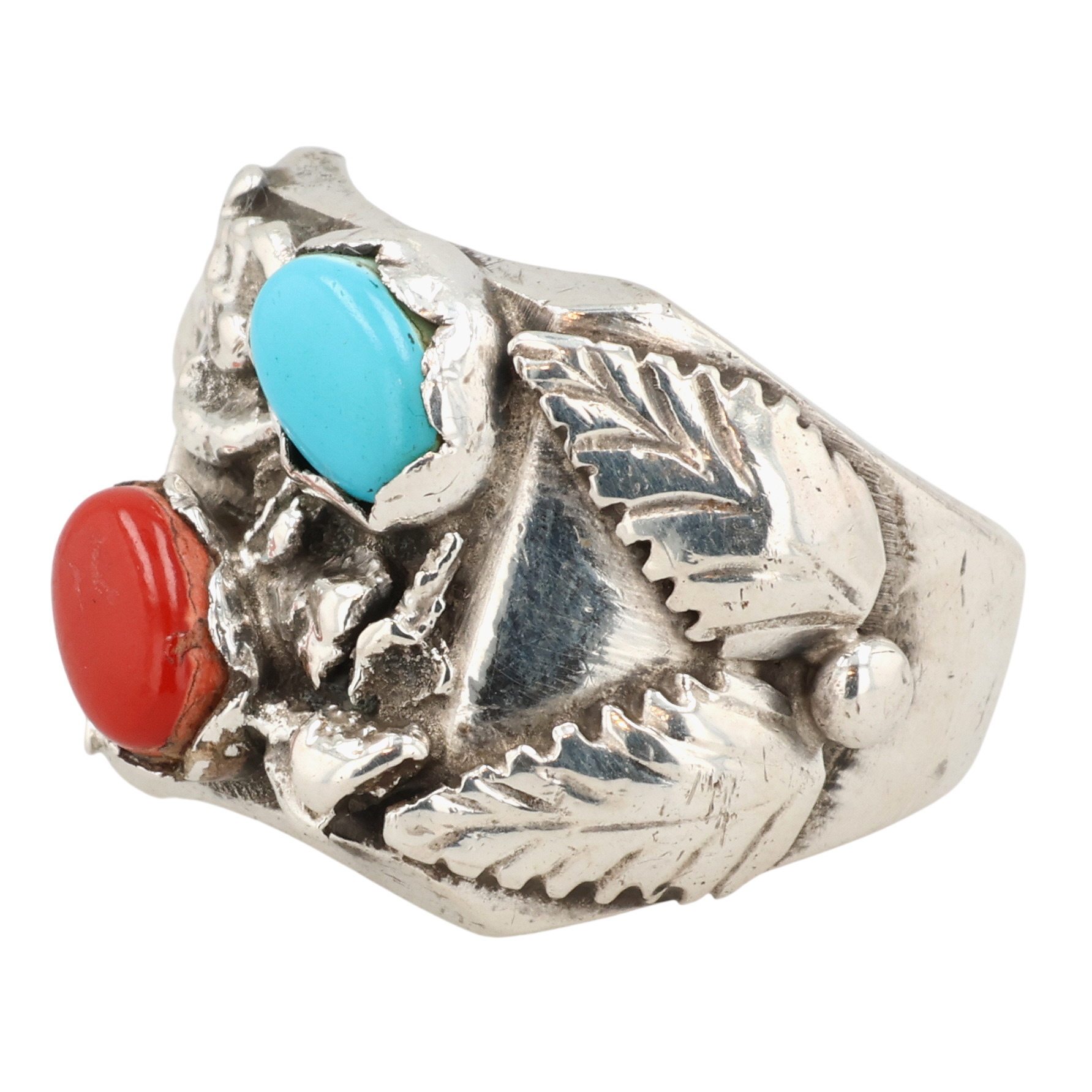 Navajo Sterling Coral Turquoise Ring Sz 10