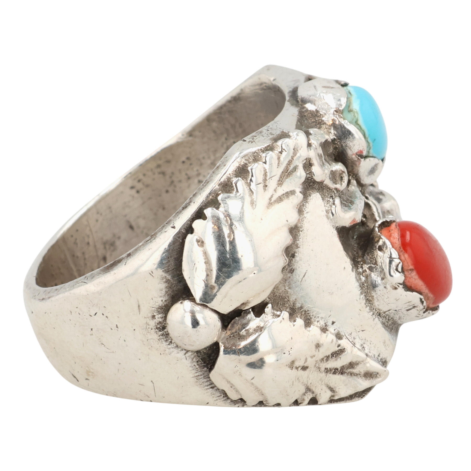 Navajo Sterling Coral Turquoise Ring Sz 10