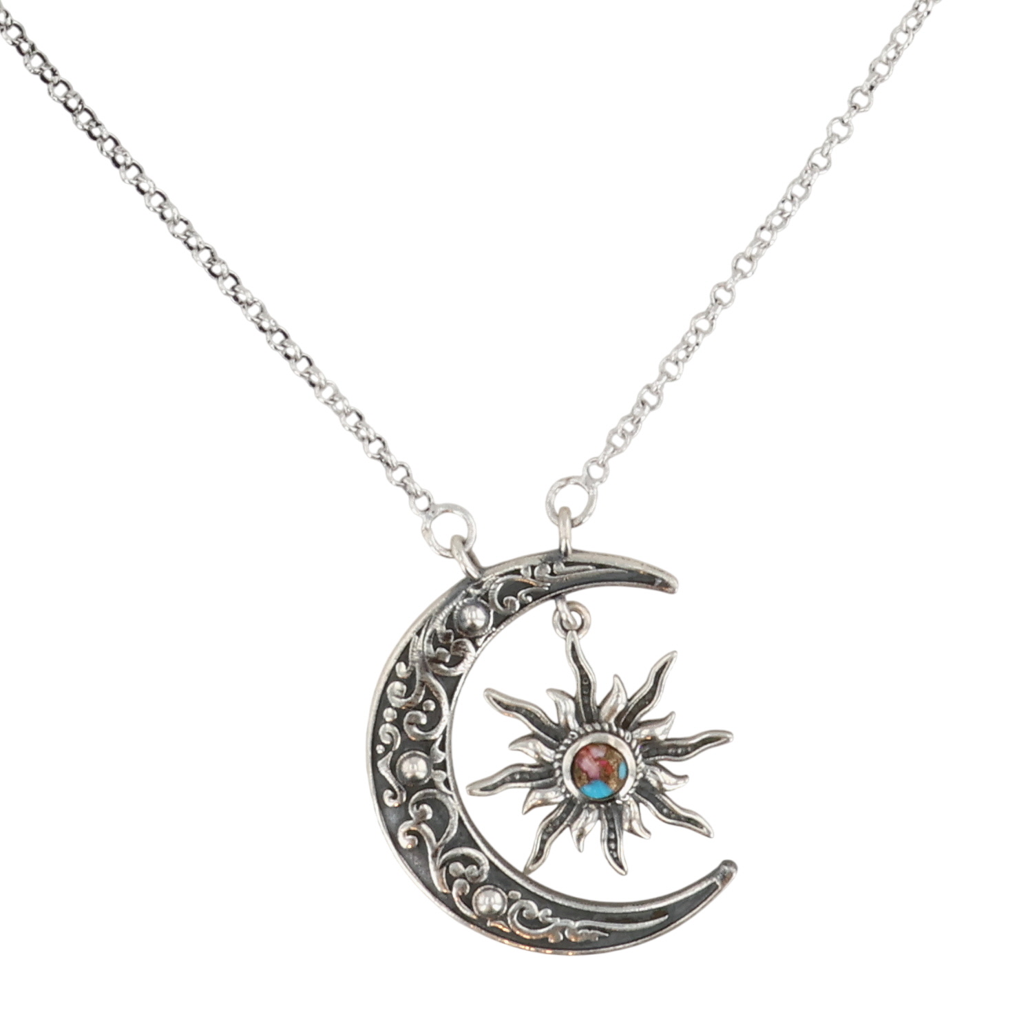 HaDa Collection Sterling Pink Dahlia Crescent Moon Necklace