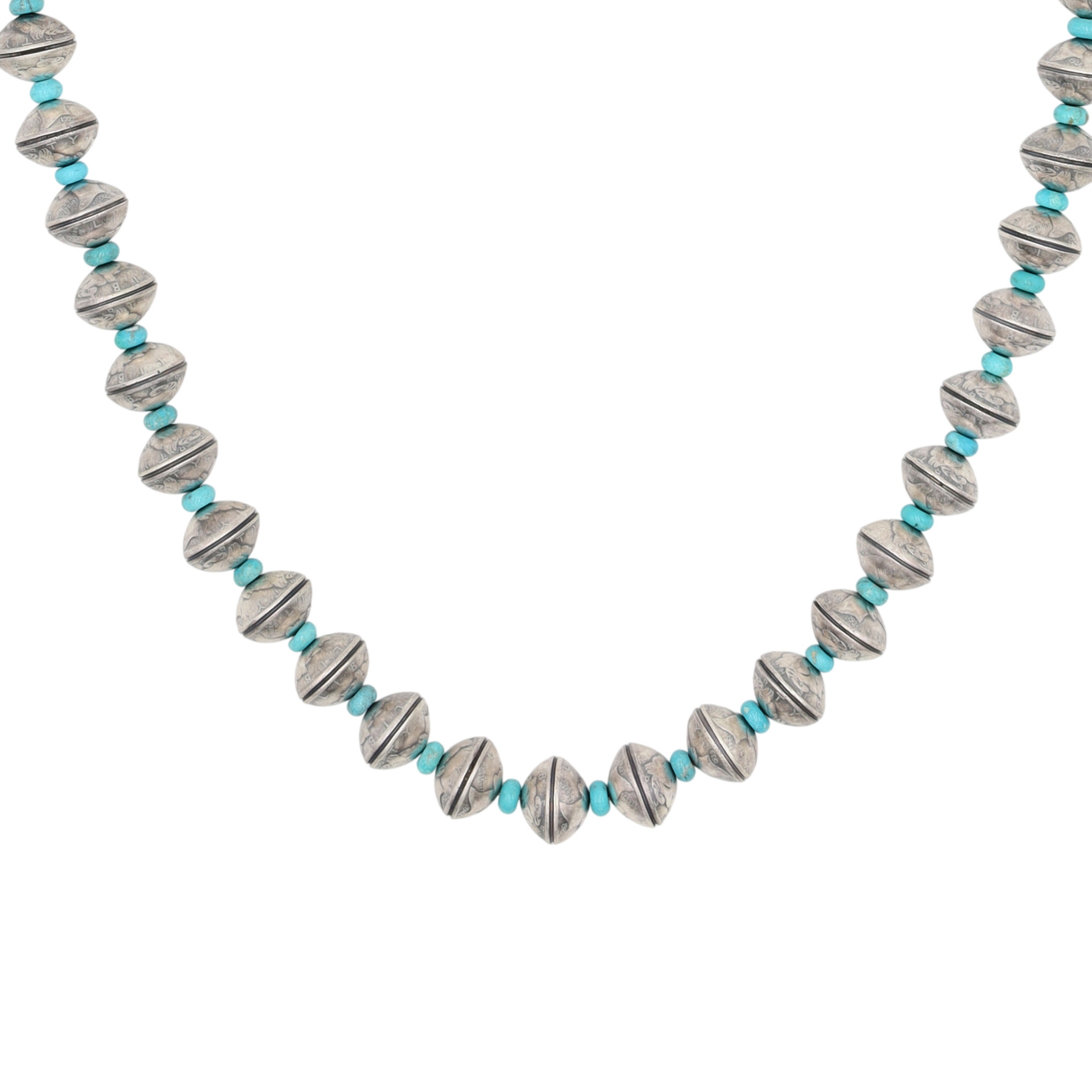 James McCabe Navajo Sterling Kingman Turquoise Mercury Dime Bead Necklace