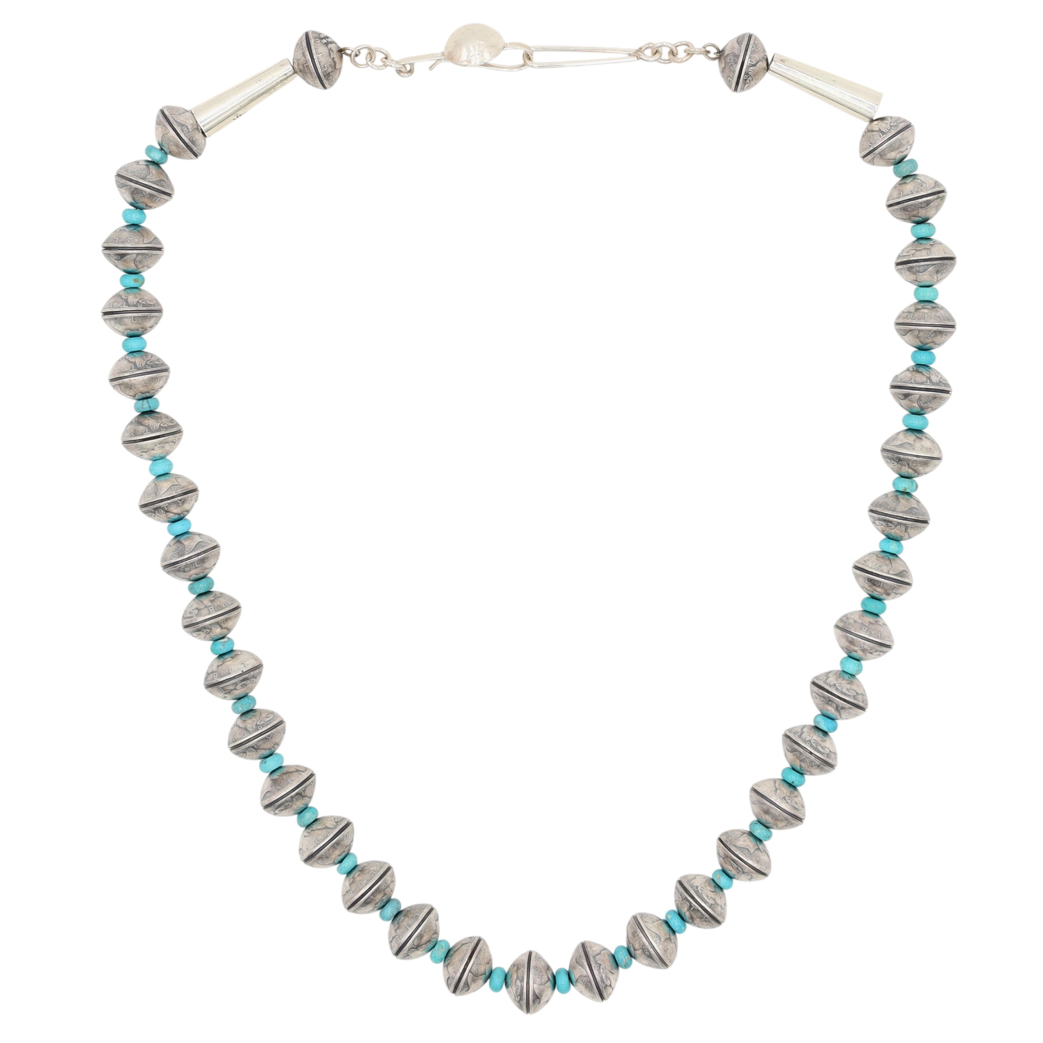 James McCabe Navajo Sterling Kingman Turquoise Mercury Dime Bead Necklace