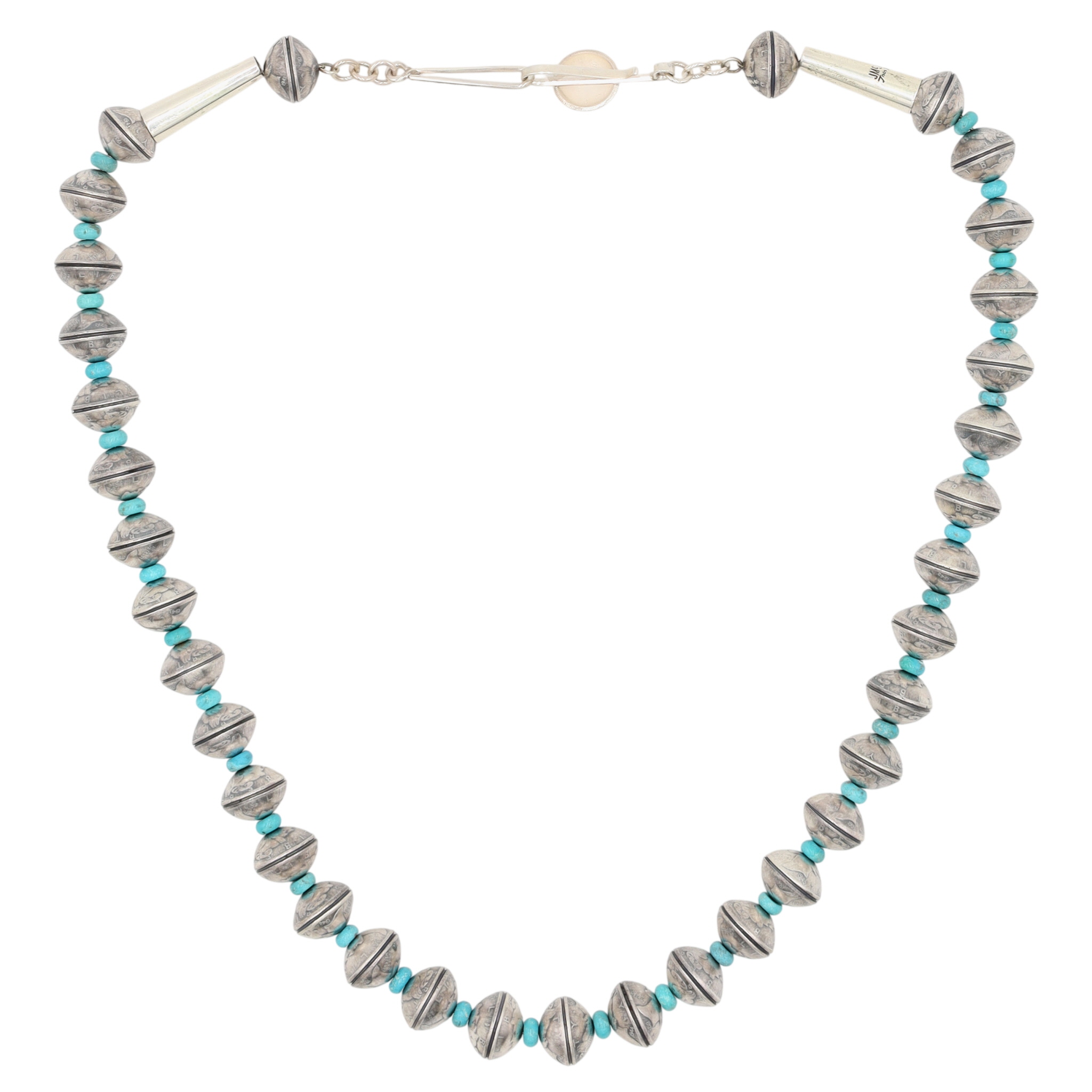 James McCabe Navajo Sterling Kingman Turquoise Mercury Dime Bead Necklace