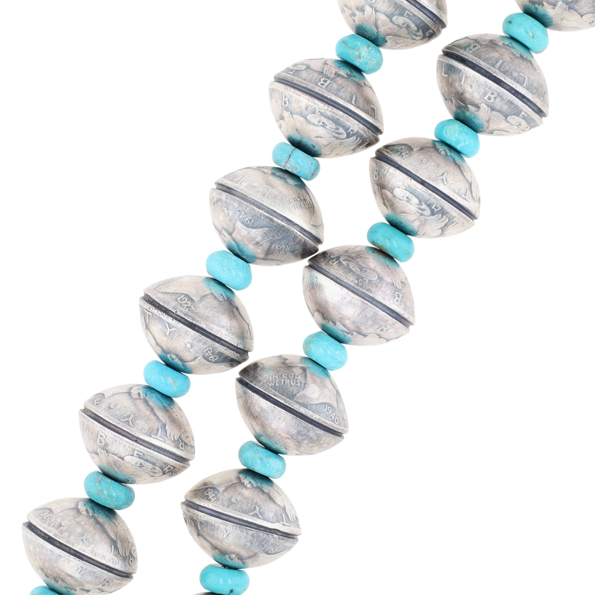 James McCabe Navajo Sterling Kingman Turquoise Mercury Dime Bead Necklace