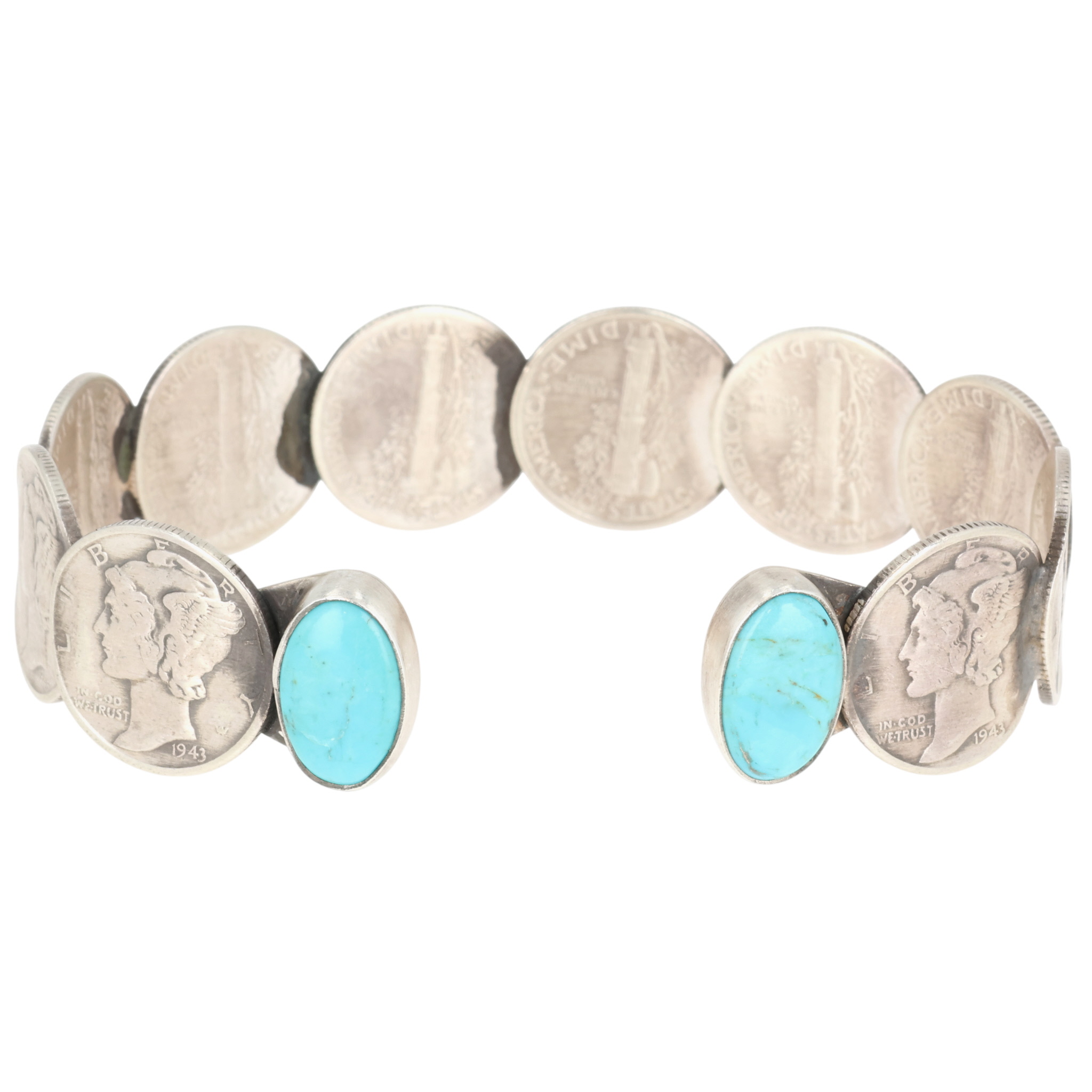 James McCabe Navajo Sterling Kingman Turquoise Mercury Dime Cuff Bracelet