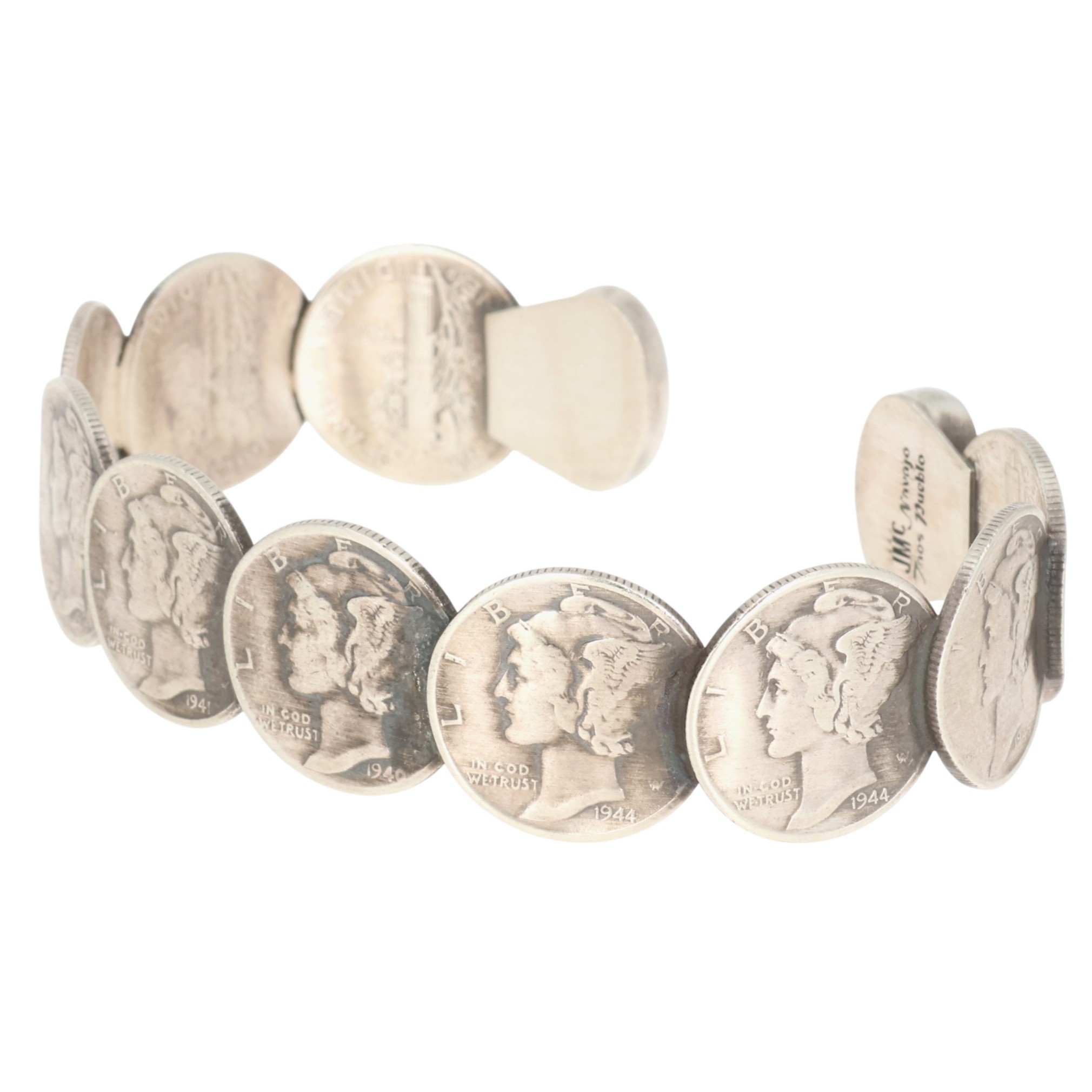 James McCabe Navajo Sterling Kingman Turquoise Mercury Dime Cuff Bracelet