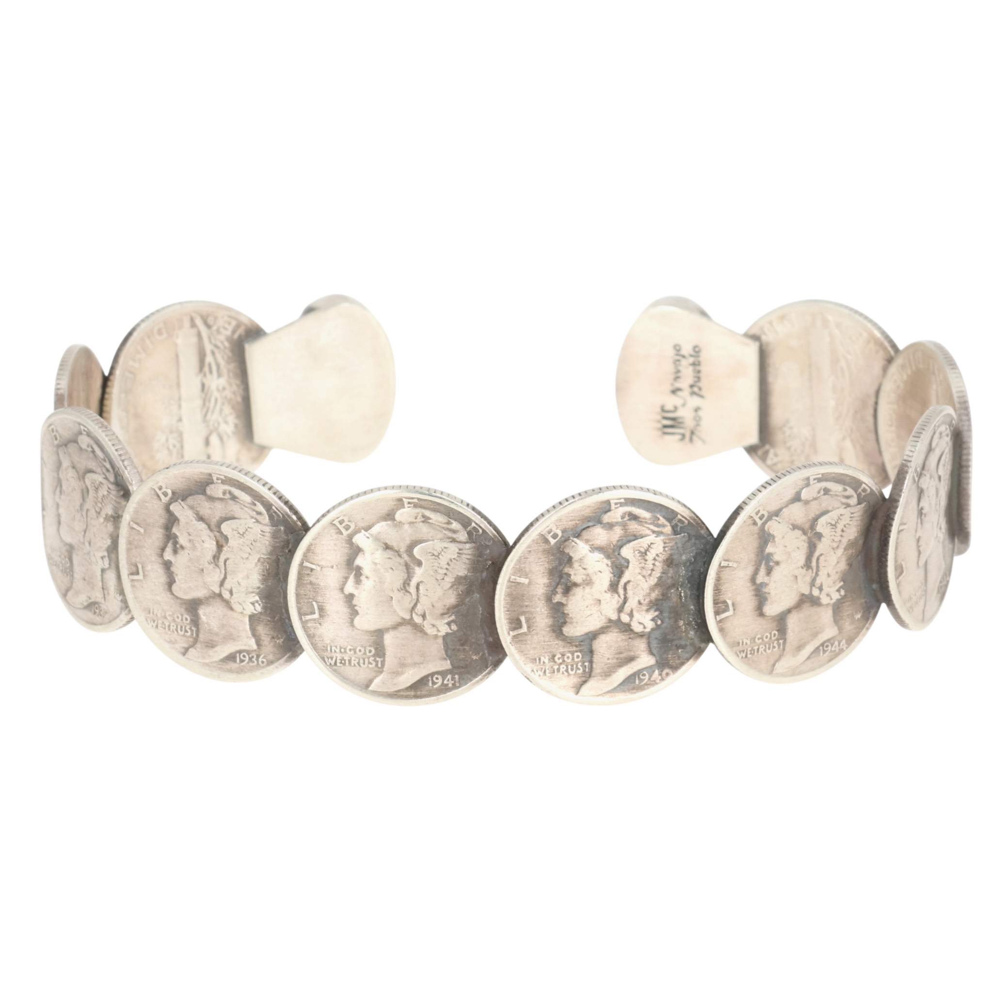 James McCabe Navajo Sterling Kingman Turquoise Mercury Dime Cuff Bracelet