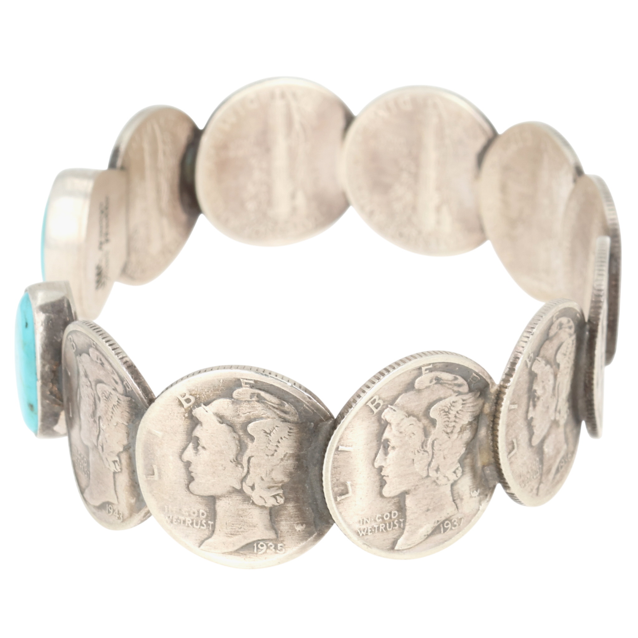James McCabe Navajo Sterling Kingman Turquoise Mercury Dime Cuff Bracelet