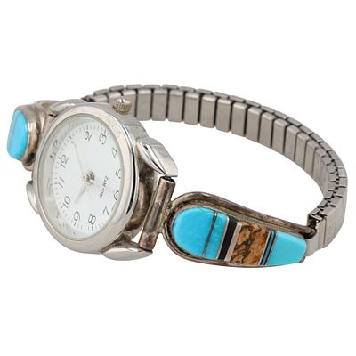 Vintage Signed Navajo Sterling Multi-Stone Inlay Watch. Vintage Signed W Navajo Sterling 
