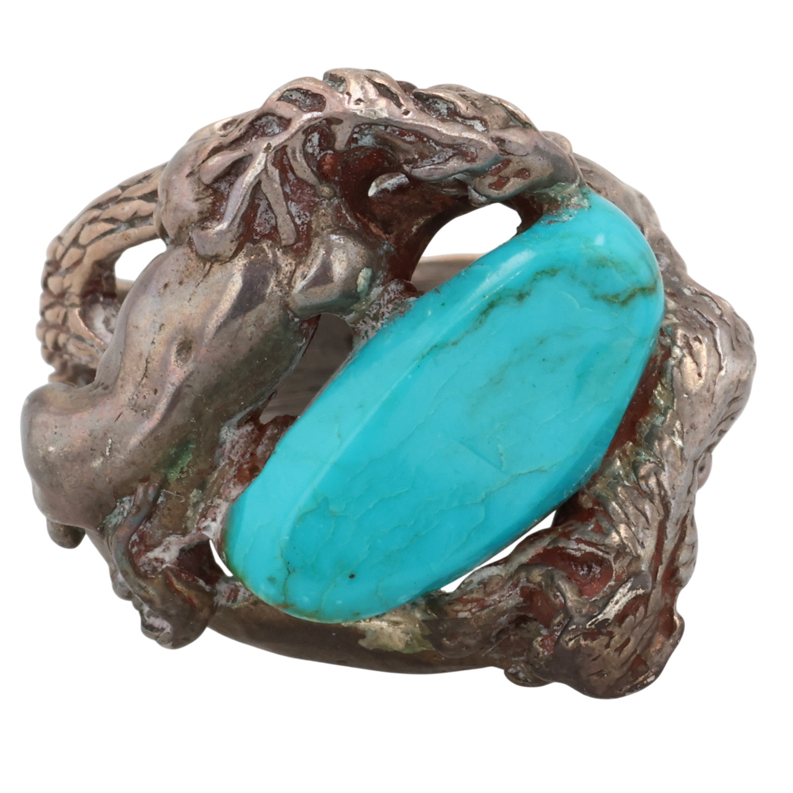 Navajo Sterling Turquoise Horse and Bobcat Ring Sz 9.25