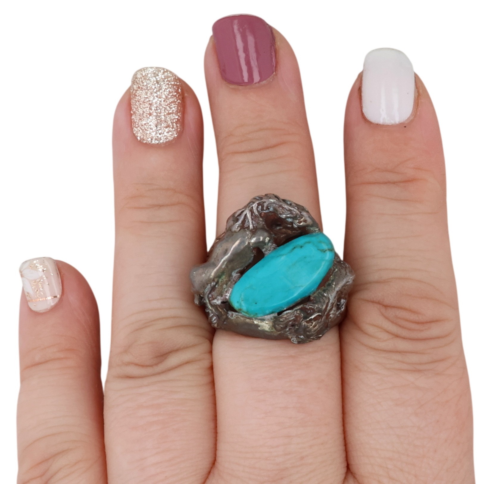 Navajo Sterling Turquoise Horse and Bobcat Ring Sz 9.25