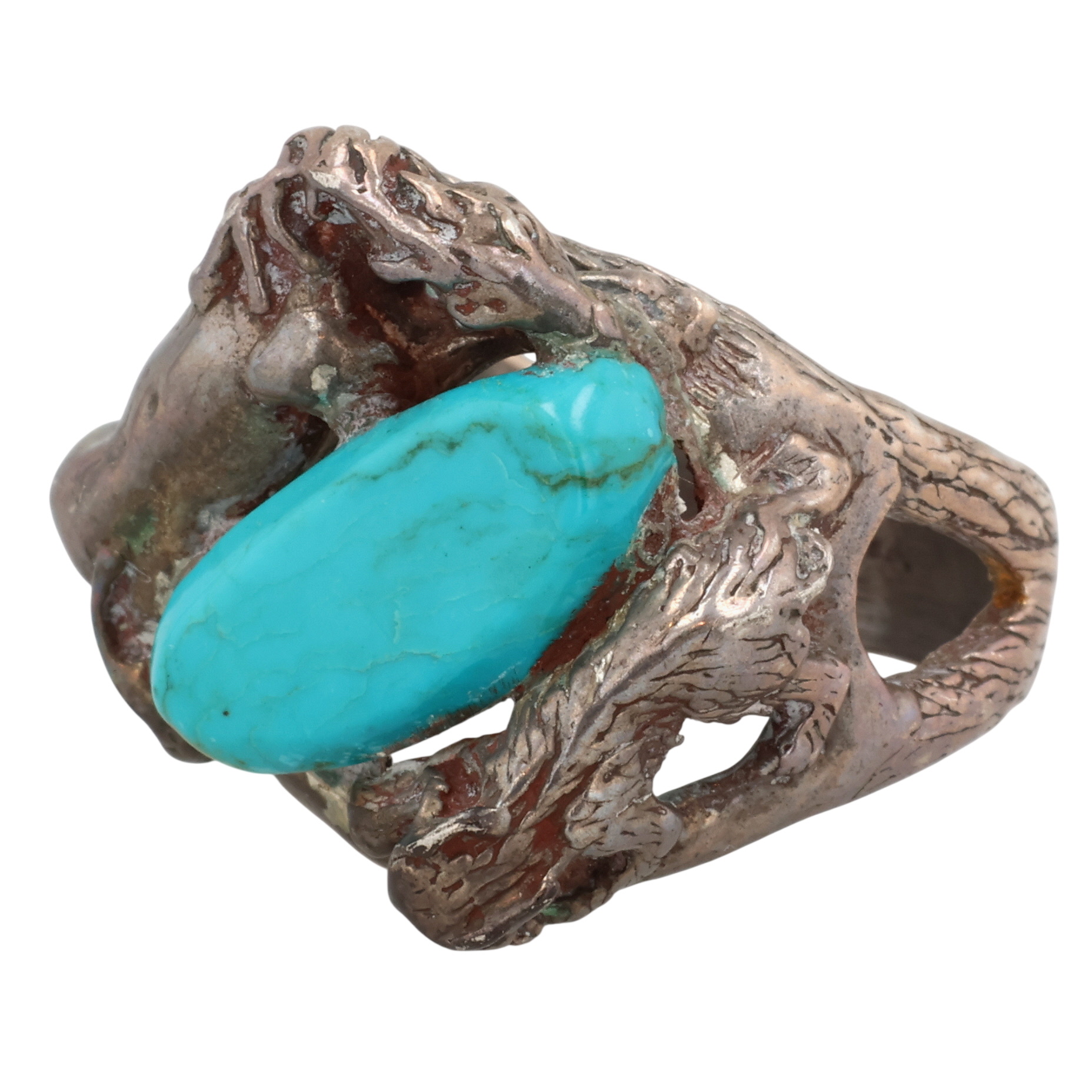 Navajo Sterling Turquoise Horse and Bobcat Ring Sz 9.25