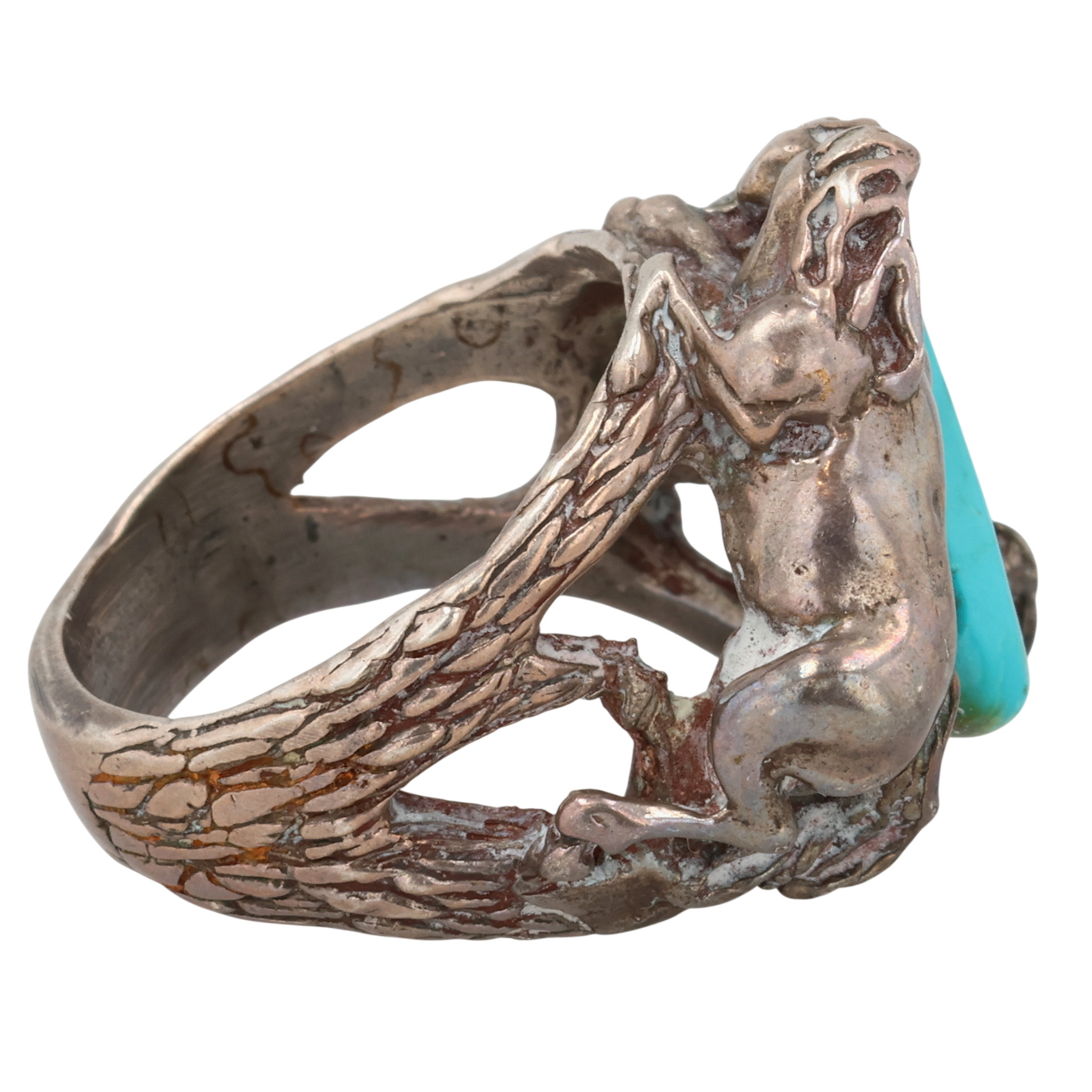 Navajo Sterling Turquoise Horse and Bobcat Ring Sz 9.25