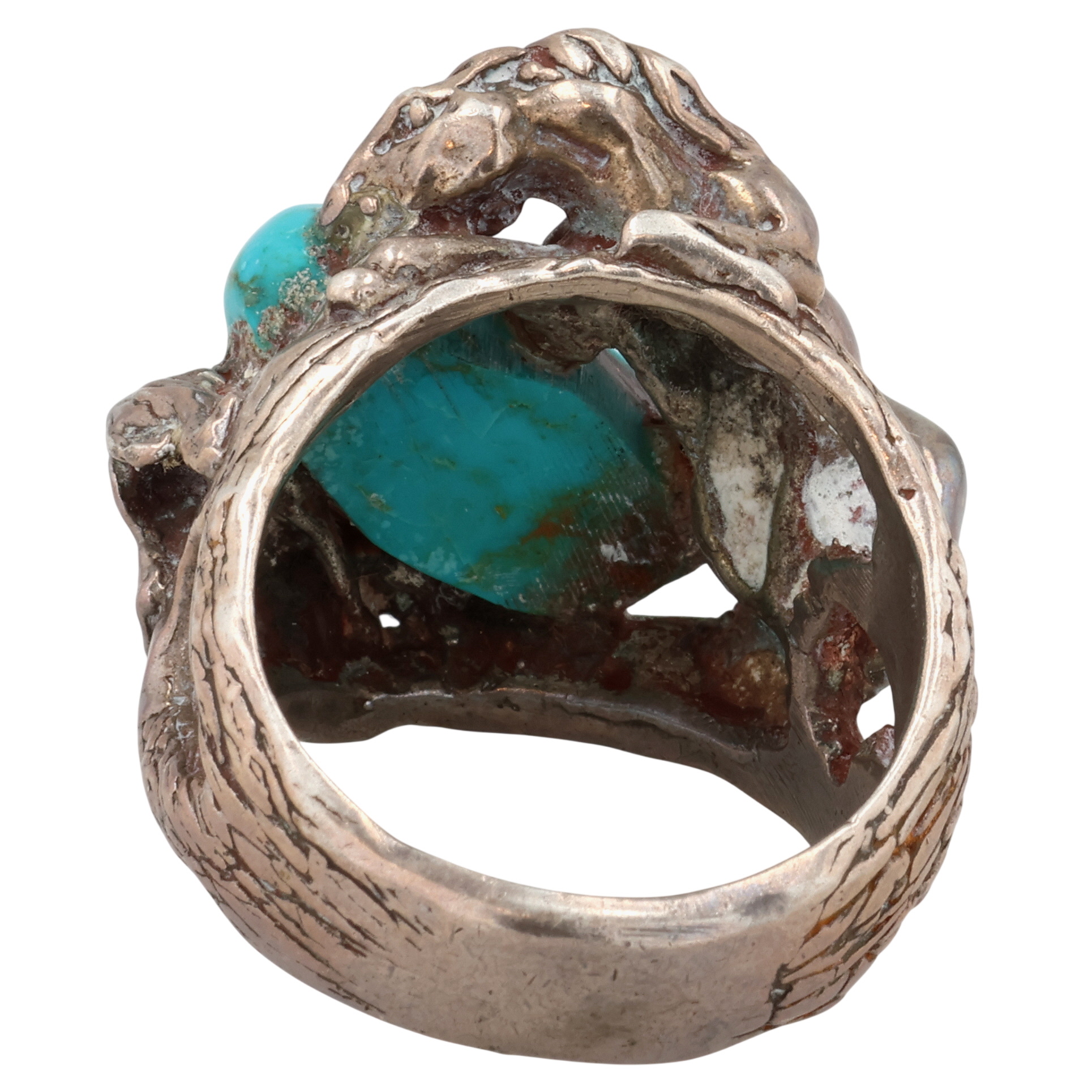 Navajo Sterling Turquoise Horse and Bobcat Ring Sz 9.25