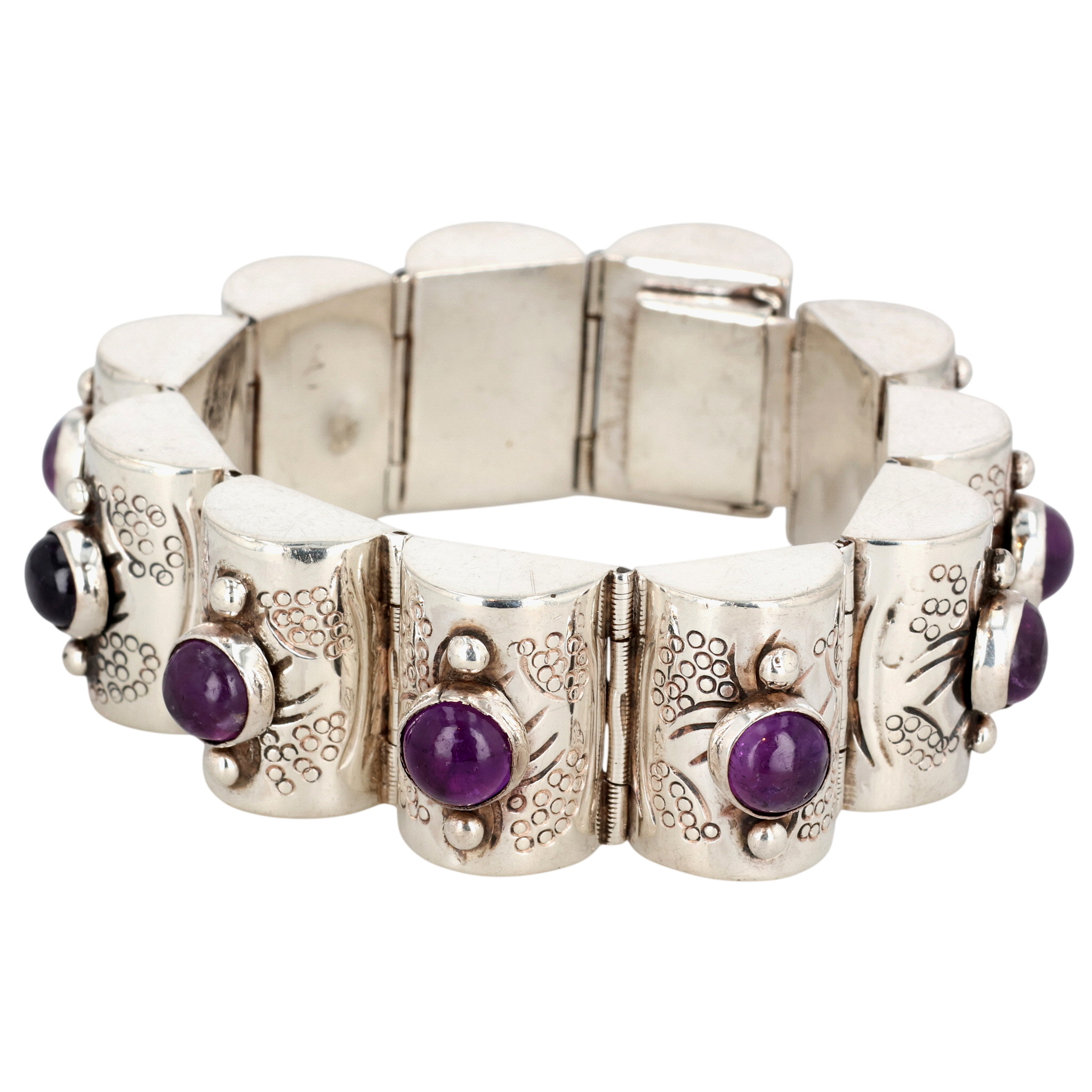 Mexico Sterling Amethyst Hollow Form Link Bracelet