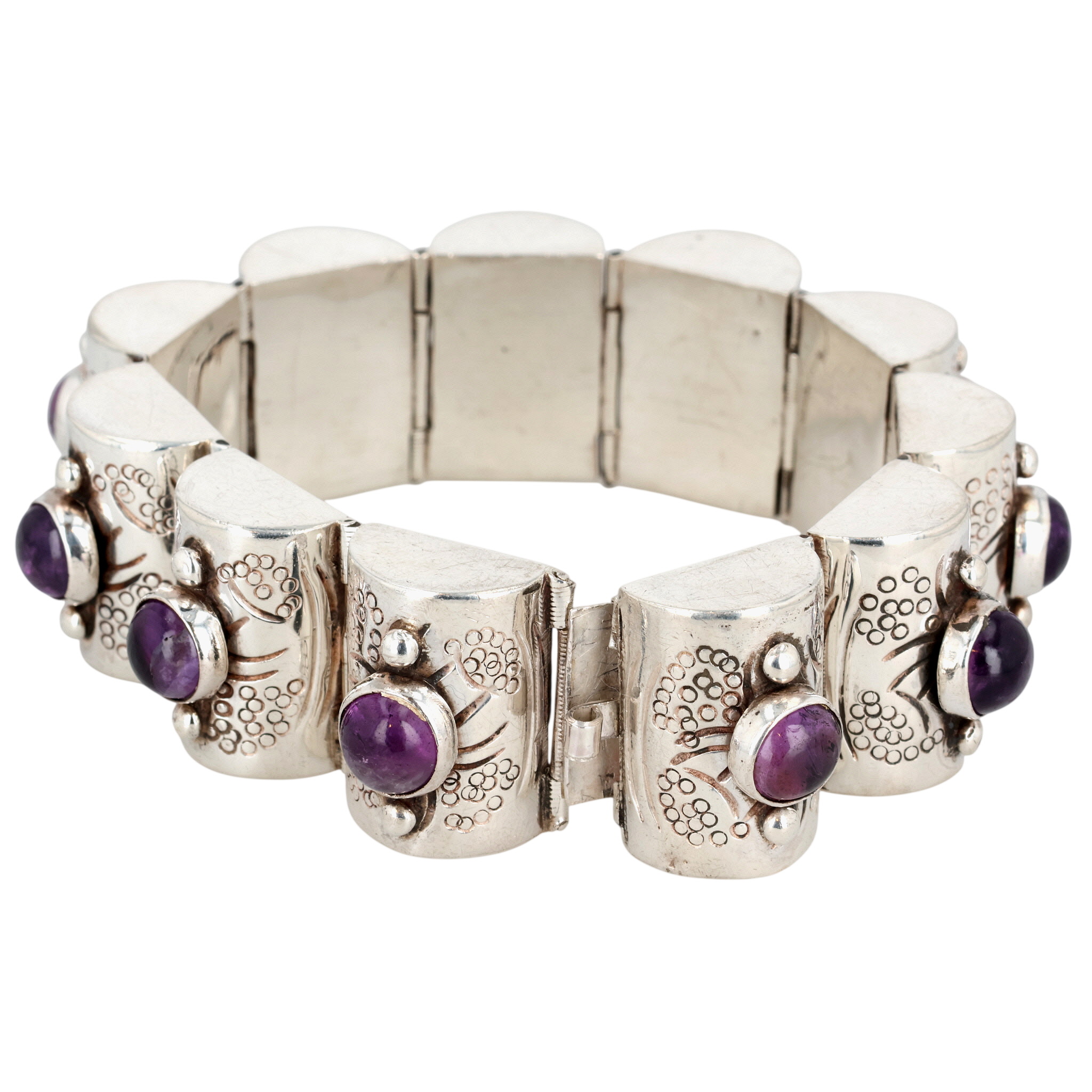 Mexico Sterling Amethyst Hollow Form Link Bracelet
