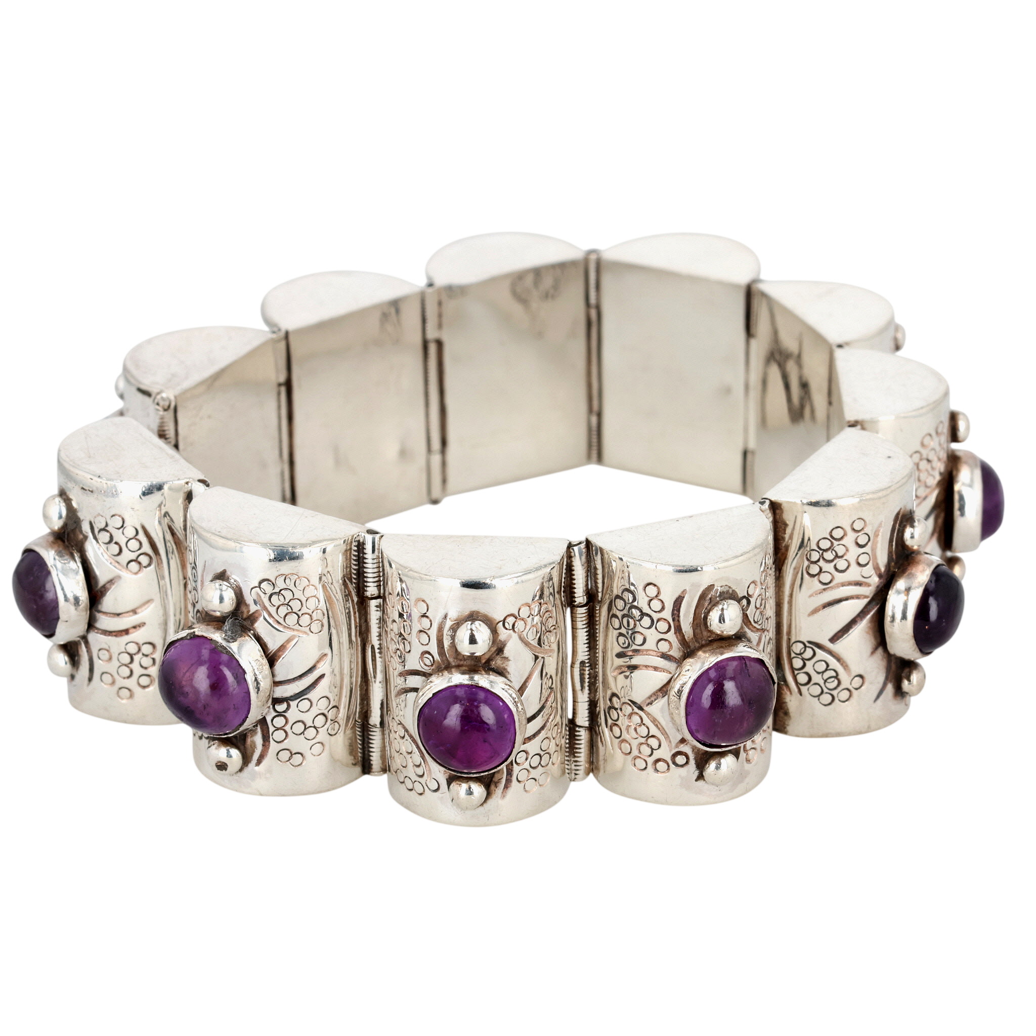 Mexico Sterling Amethyst Hollow Form Link Bracelet