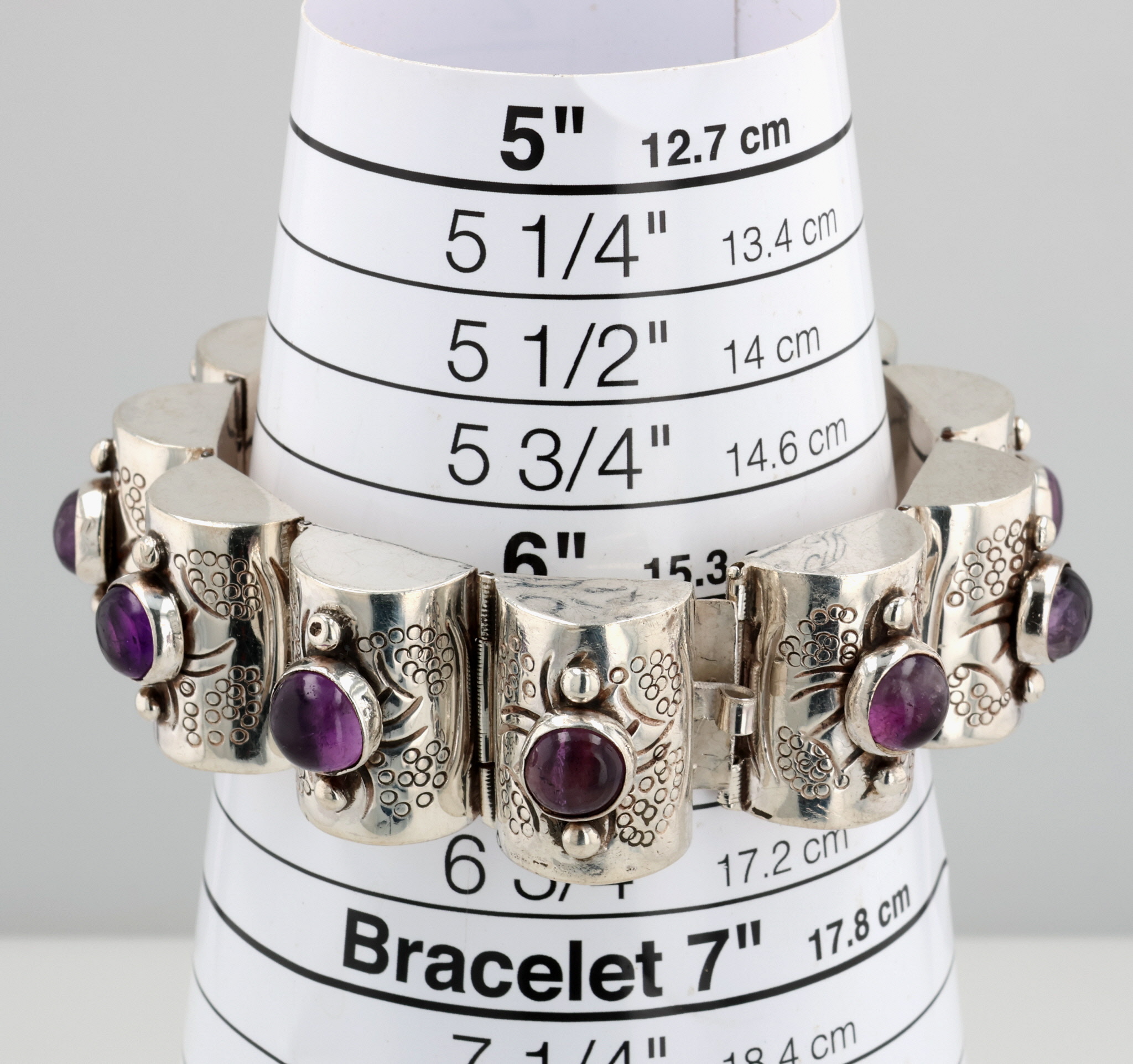 Mexico Sterling Amethyst Hollow Form Link Bracelet