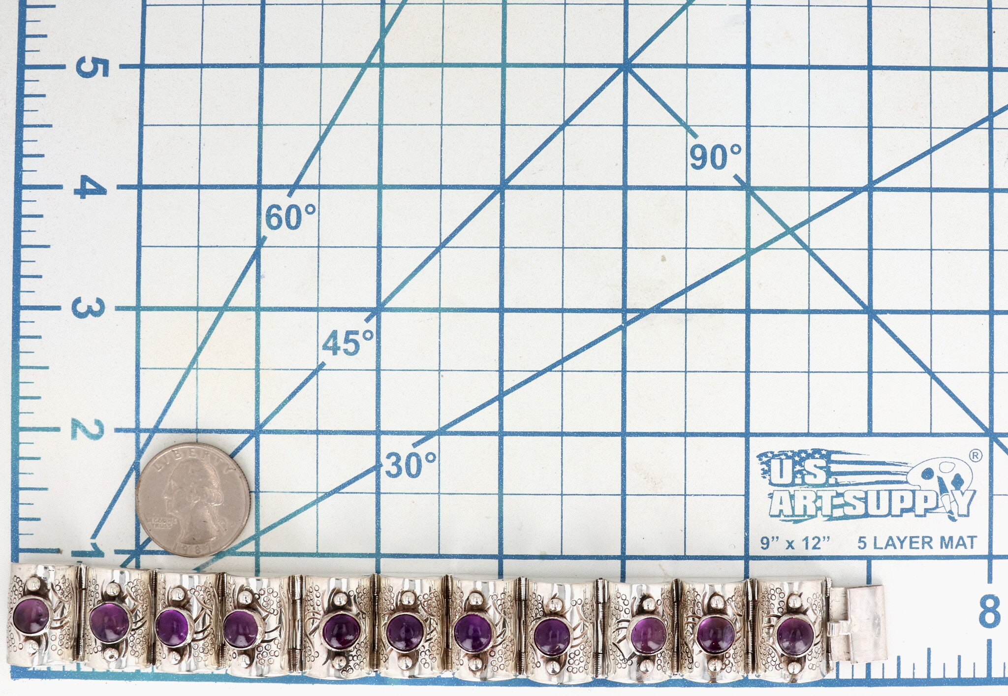 Mexico Sterling Amethyst Hollow Form Link Bracelet