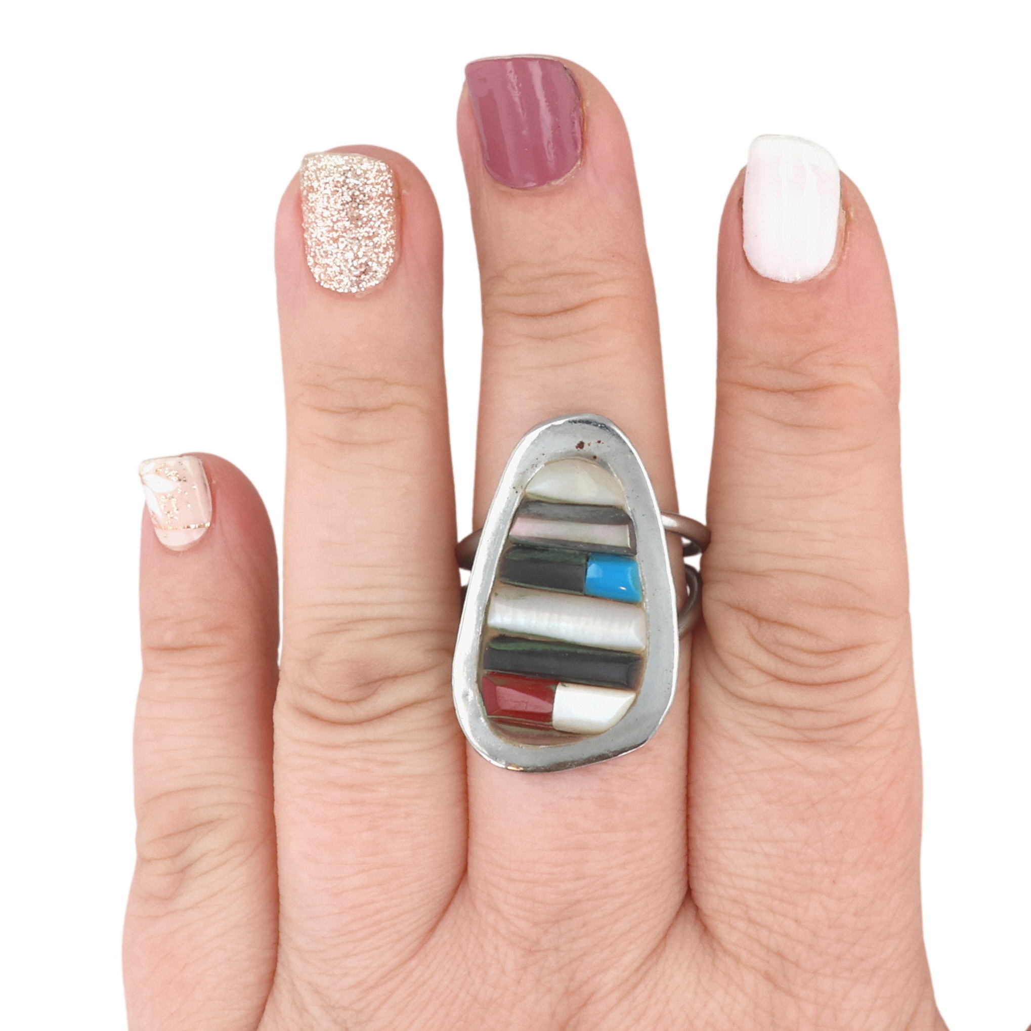 Navajo Sterling Multi-Stone Cobblestone Inlay Ring Sz 9.5