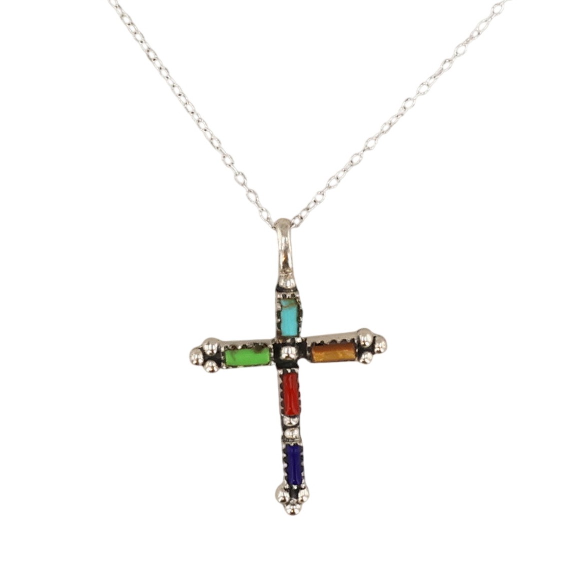 Signed Southwest Sterling Multi-Stone Cross Necklace