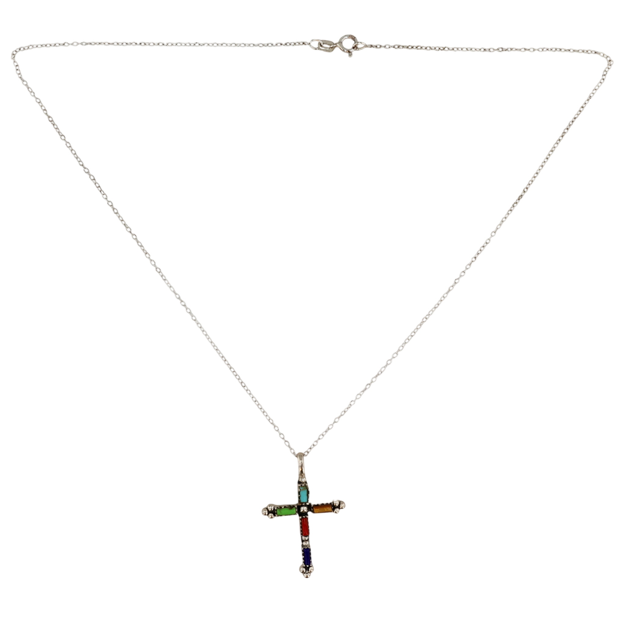 Signed Southwest Sterling Multi-Stone Cross Necklace