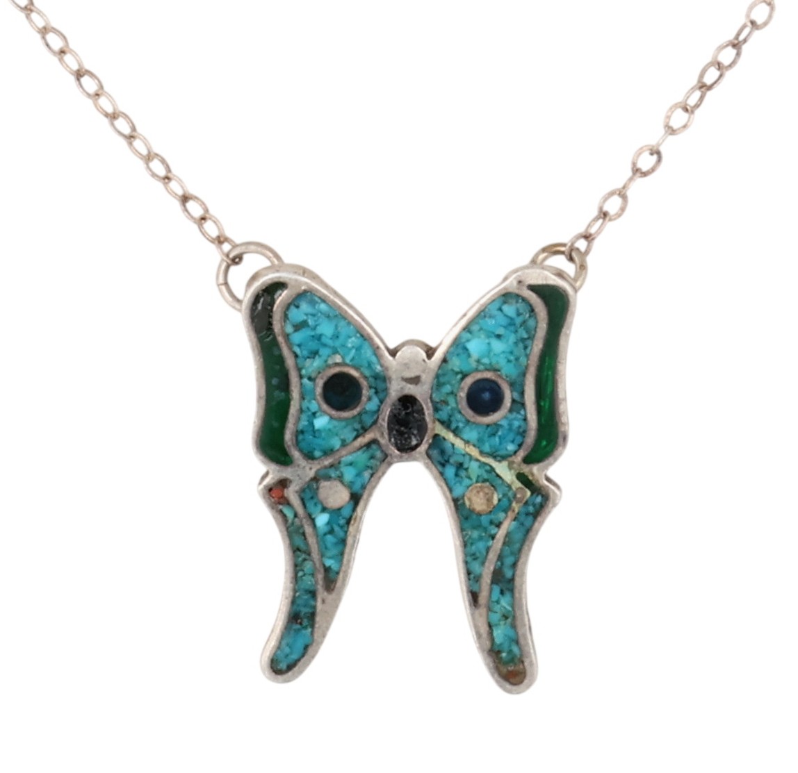 Southwest Sterling Multi-Stone Chip Inlay Butterfly Necklace