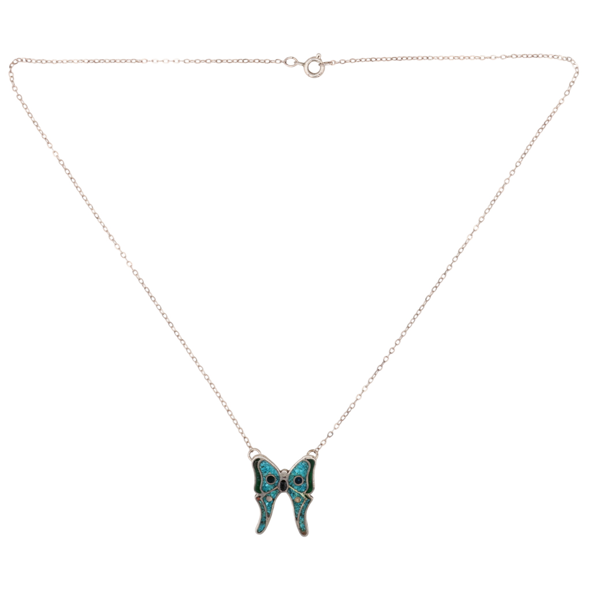 Southwest Sterling Multi-Stone Chip Inlay Butterfly Necklace