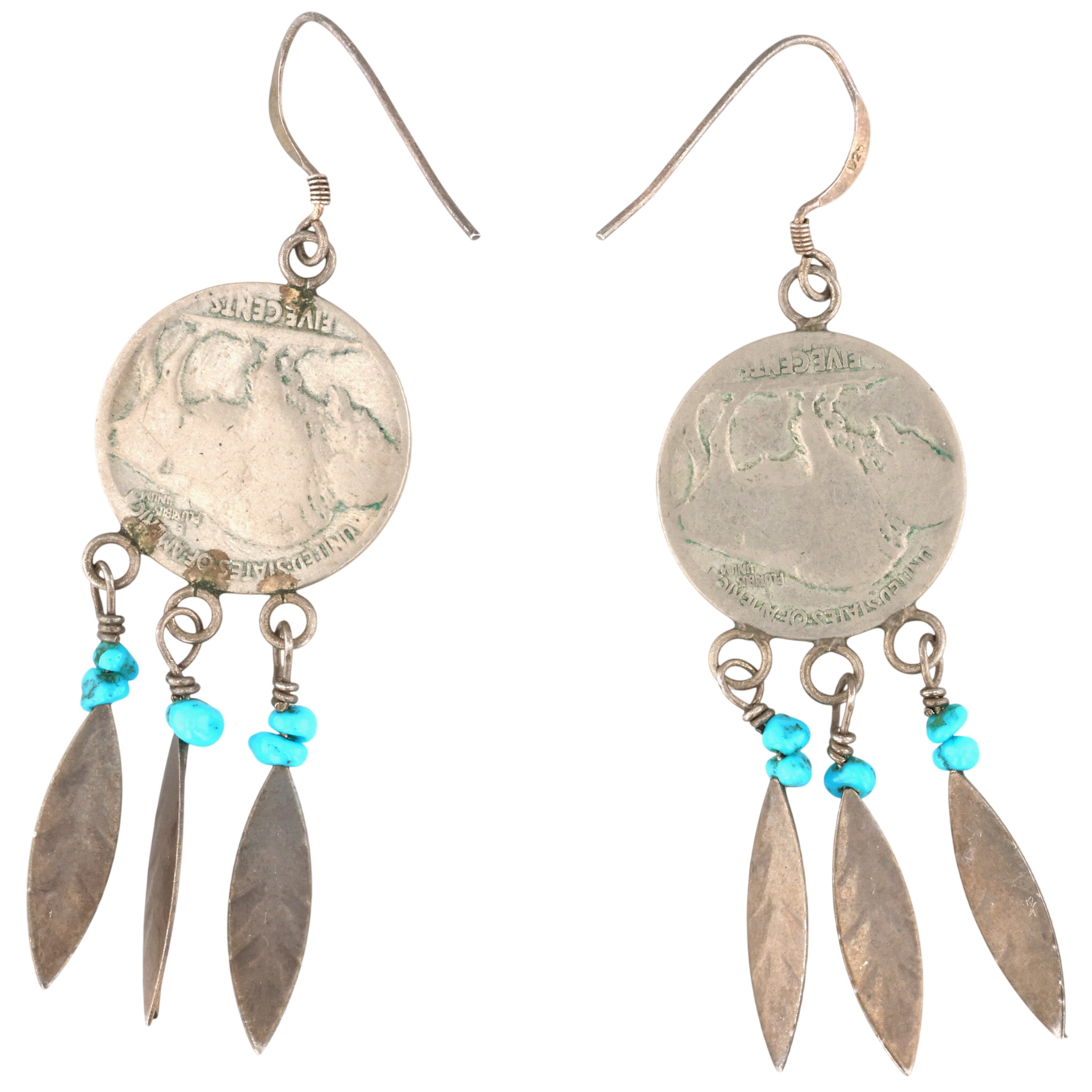 Southwest Sterling Buffalo Nickel Turquoise Earrings