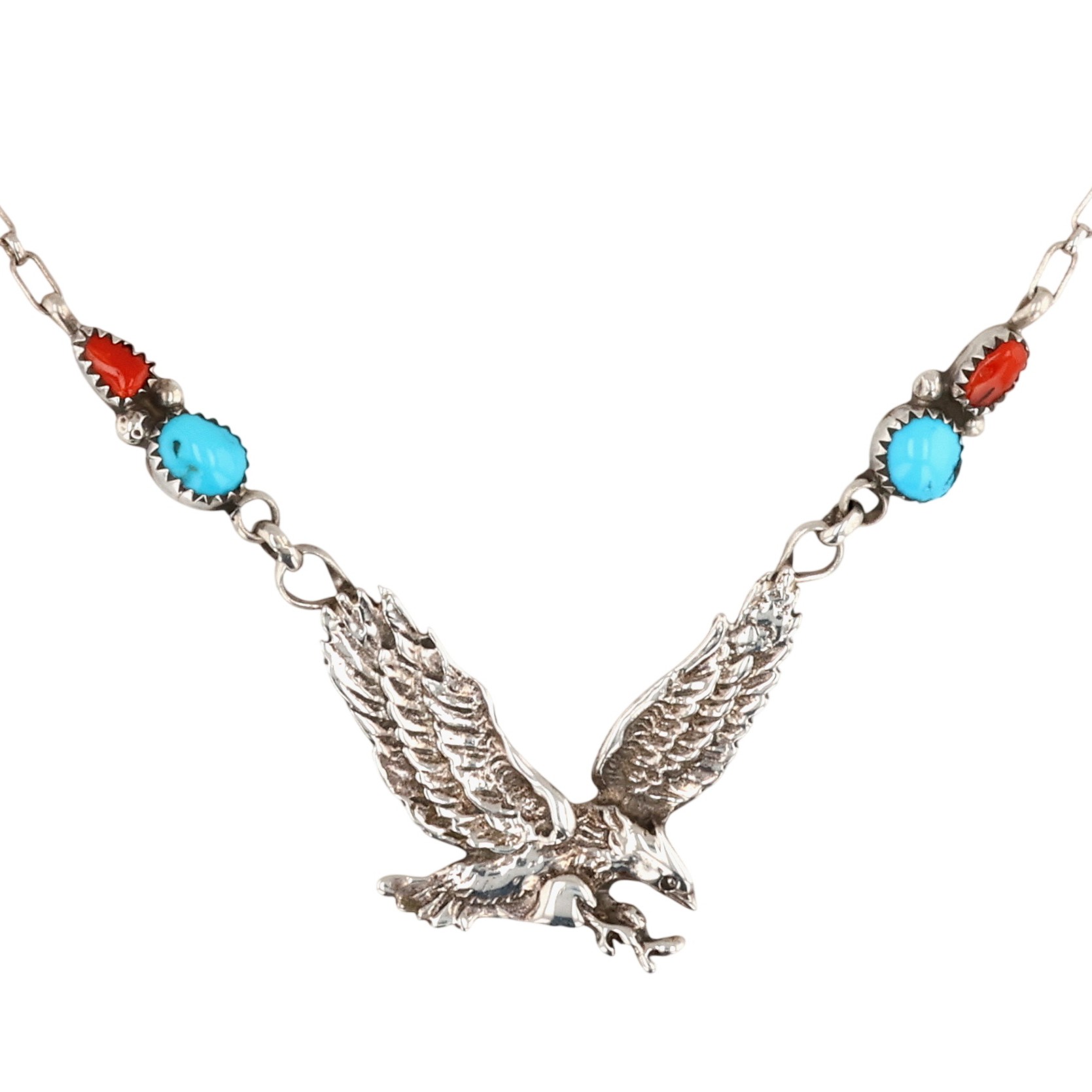 Signed Navajo Sterling Coral Turquoise Eagle Necklace