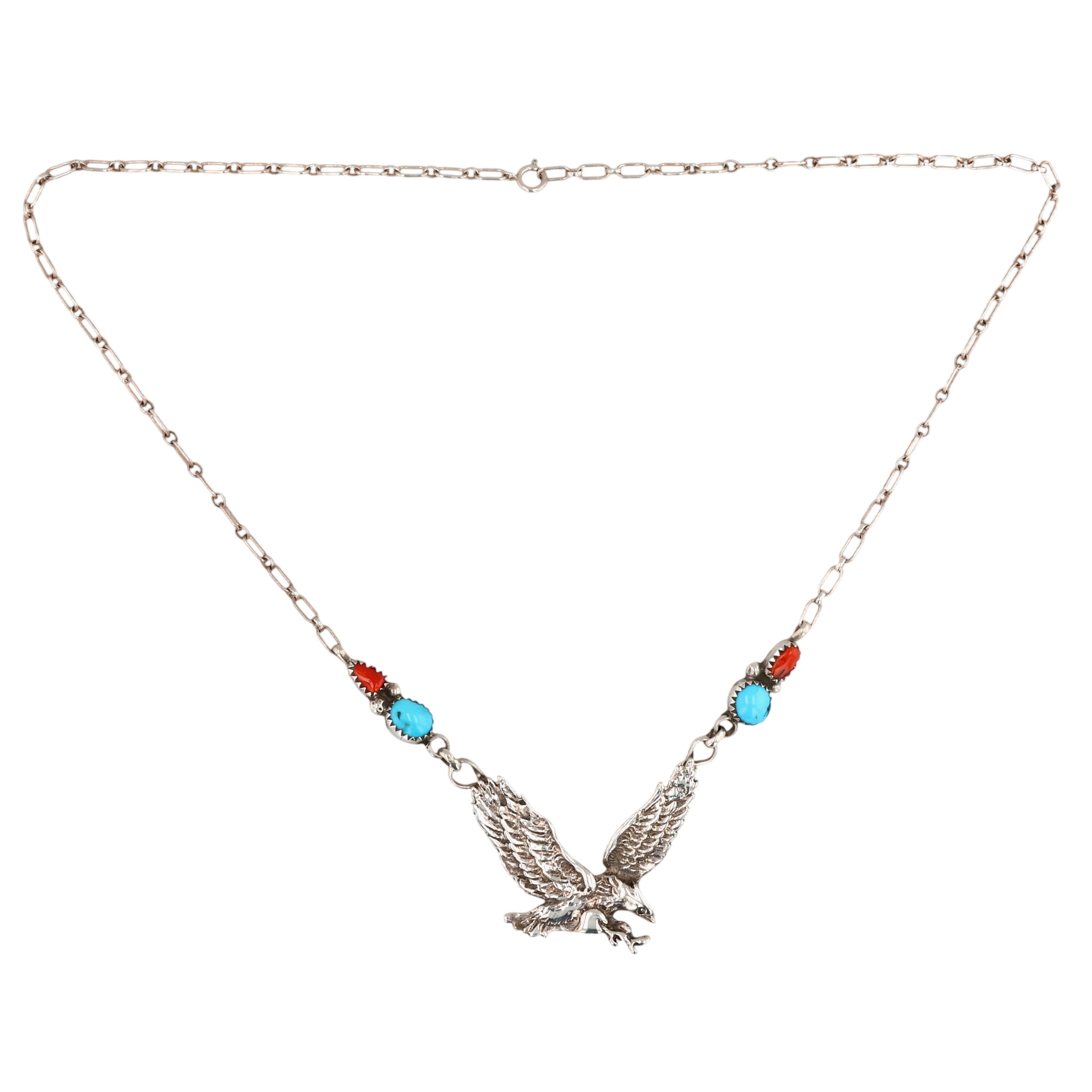 Signed Navajo Sterling Coral Turquoise Eagle Necklace