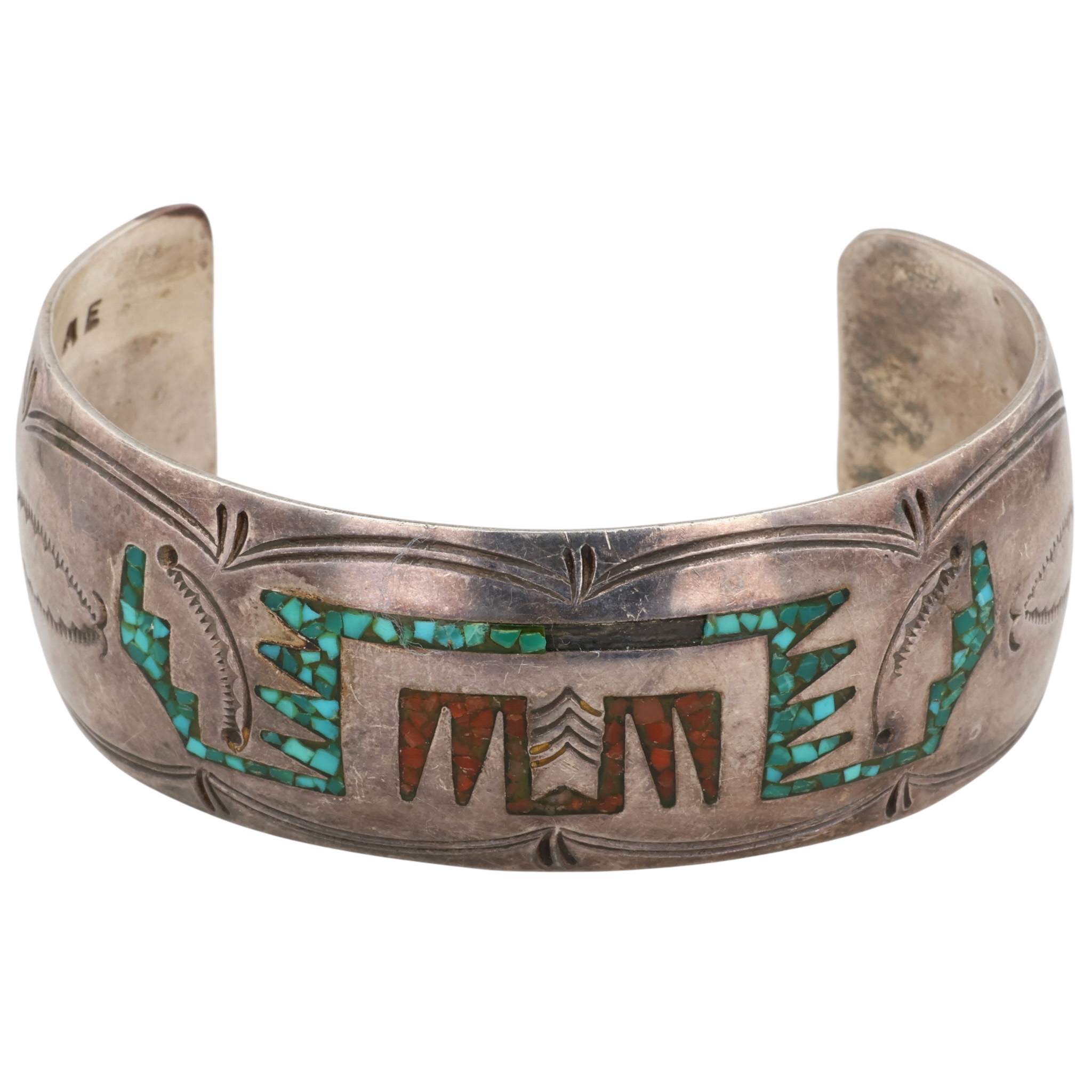 Signed Navajo Sterling Turquoise Coral Chip Inlay Cuff Bracelet