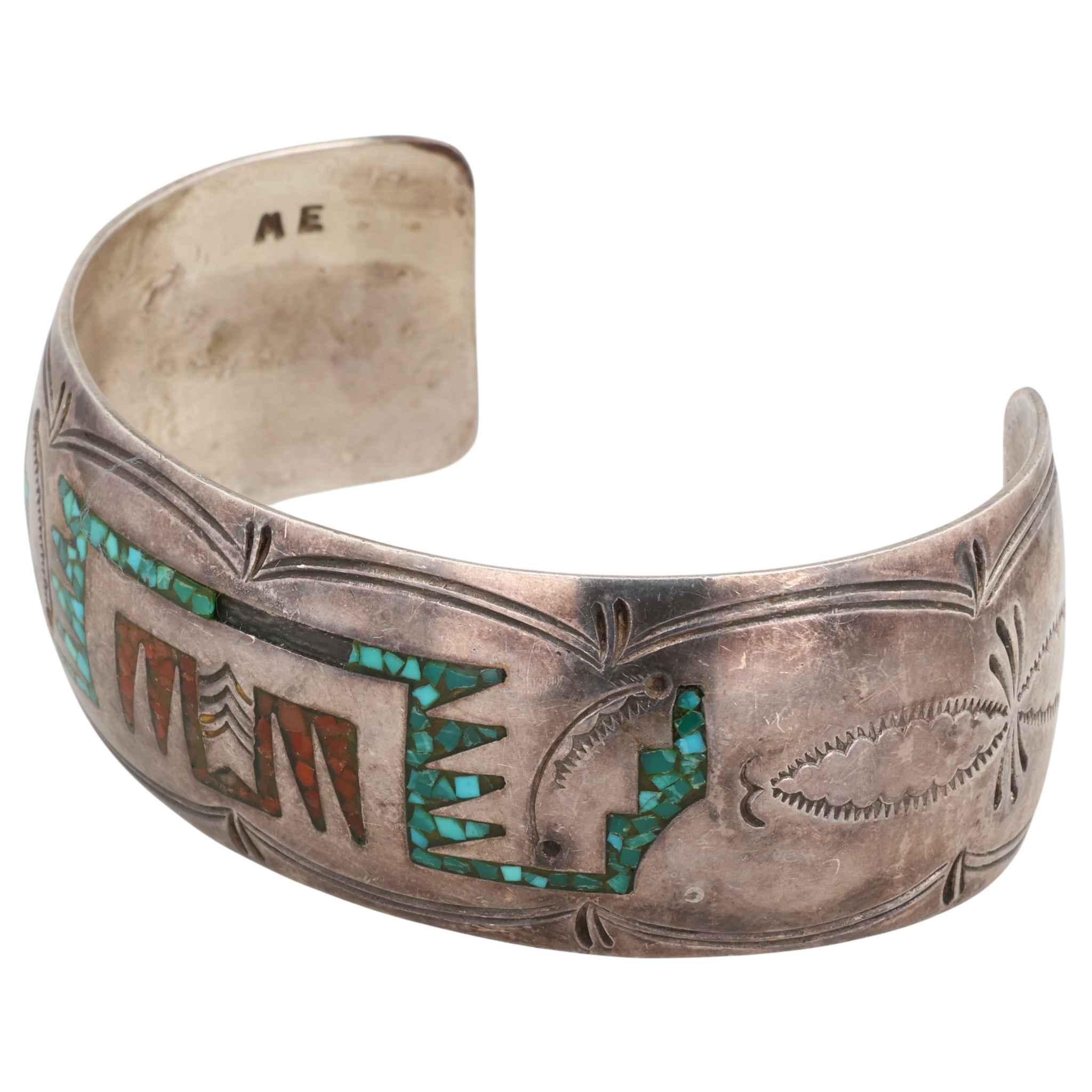 Signed Navajo Sterling Turquoise Coral Chip Inlay Cuff Bracelet