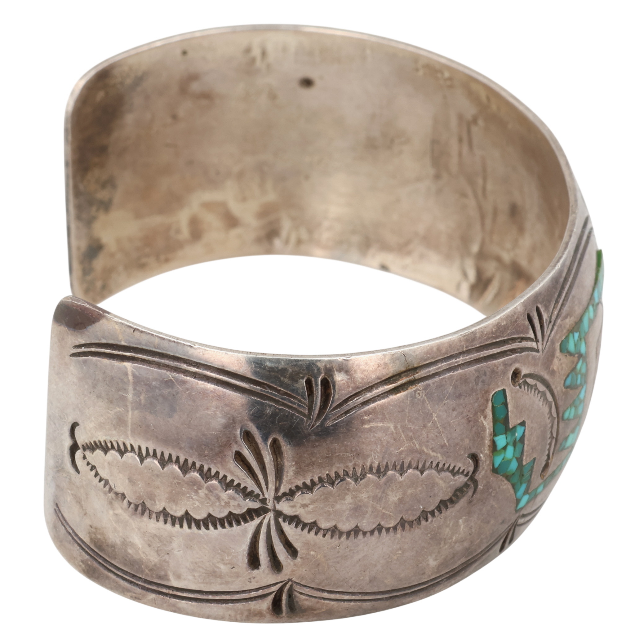 Signed Navajo Sterling Turquoise Coral Chip Inlay Cuff Bracelet
