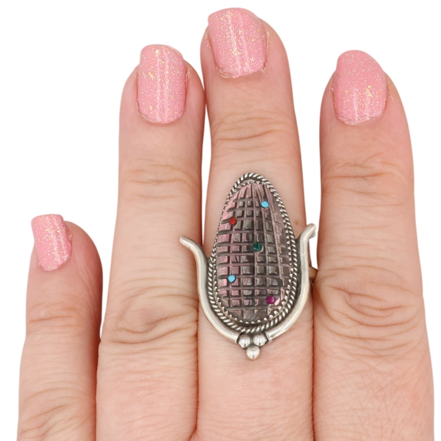 Tracey Etsate Bowekaty Zuni Sterling Abalone Corn Ring Sz 9.25