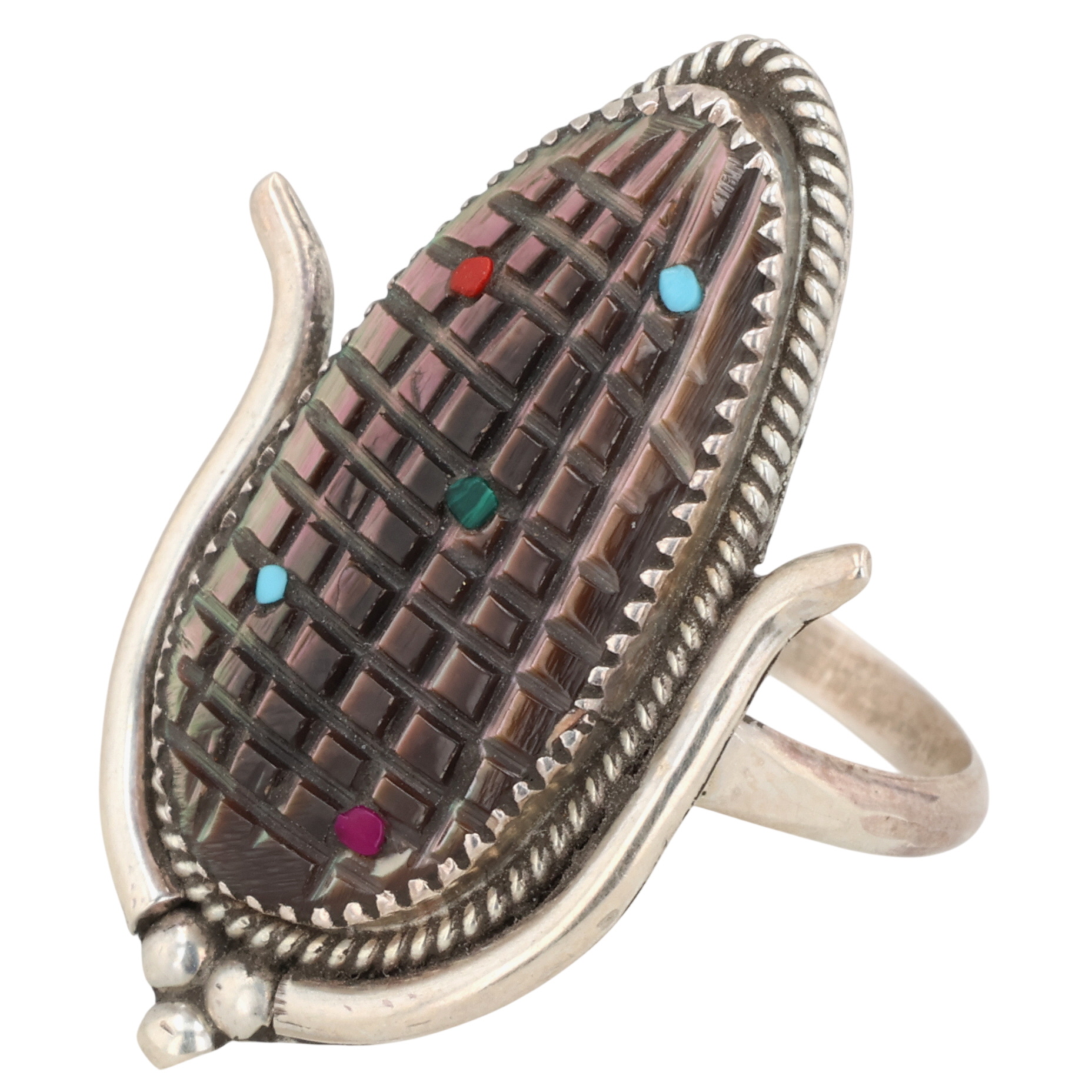 Tracey Etsate Bowekaty Zuni Sterling Abalone Corn Ring Sz 9.25