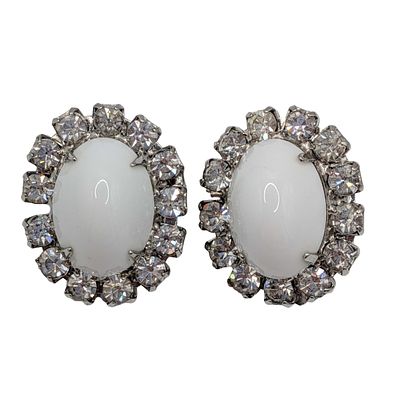 Weiss Silver Tone White Rhinestone Oval Halo Earrings. Weiss Silver Tone Metal, White Rhinestone 