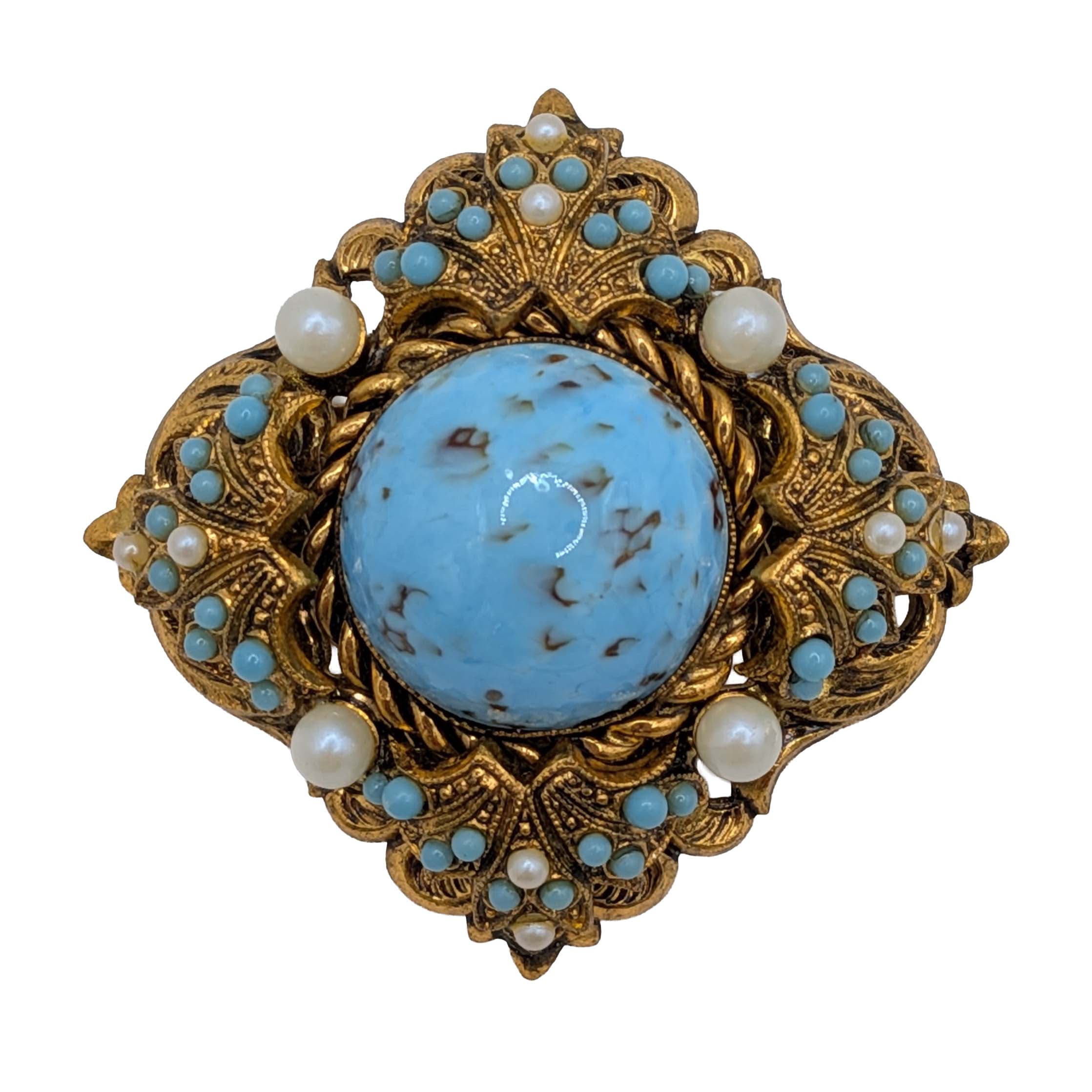 West German Gold Tone Faux Turquoise Faux Pearl Brooch