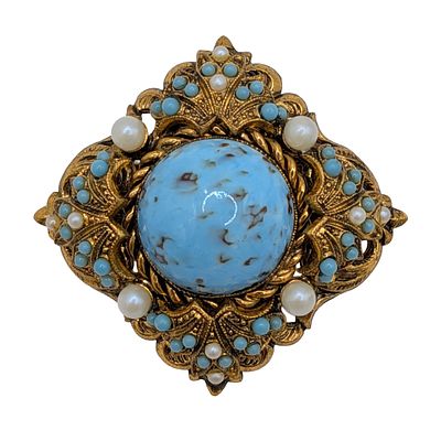 West German Gold Tone Faux Turquoise Faux Pearl Brooch. West German Gold Tone Metal, Faux 