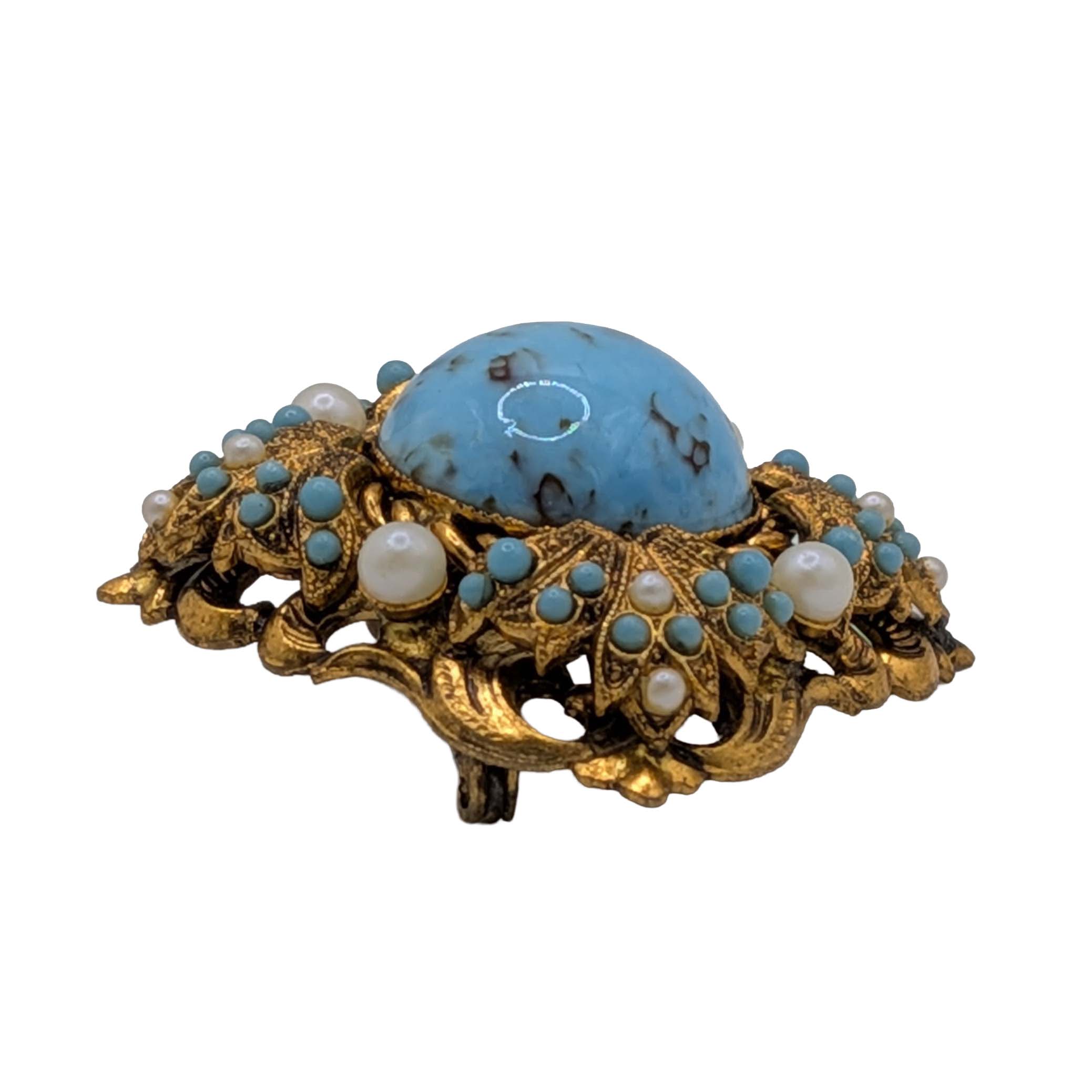 West German Gold Tone Faux Turquoise Faux Pearl Brooch