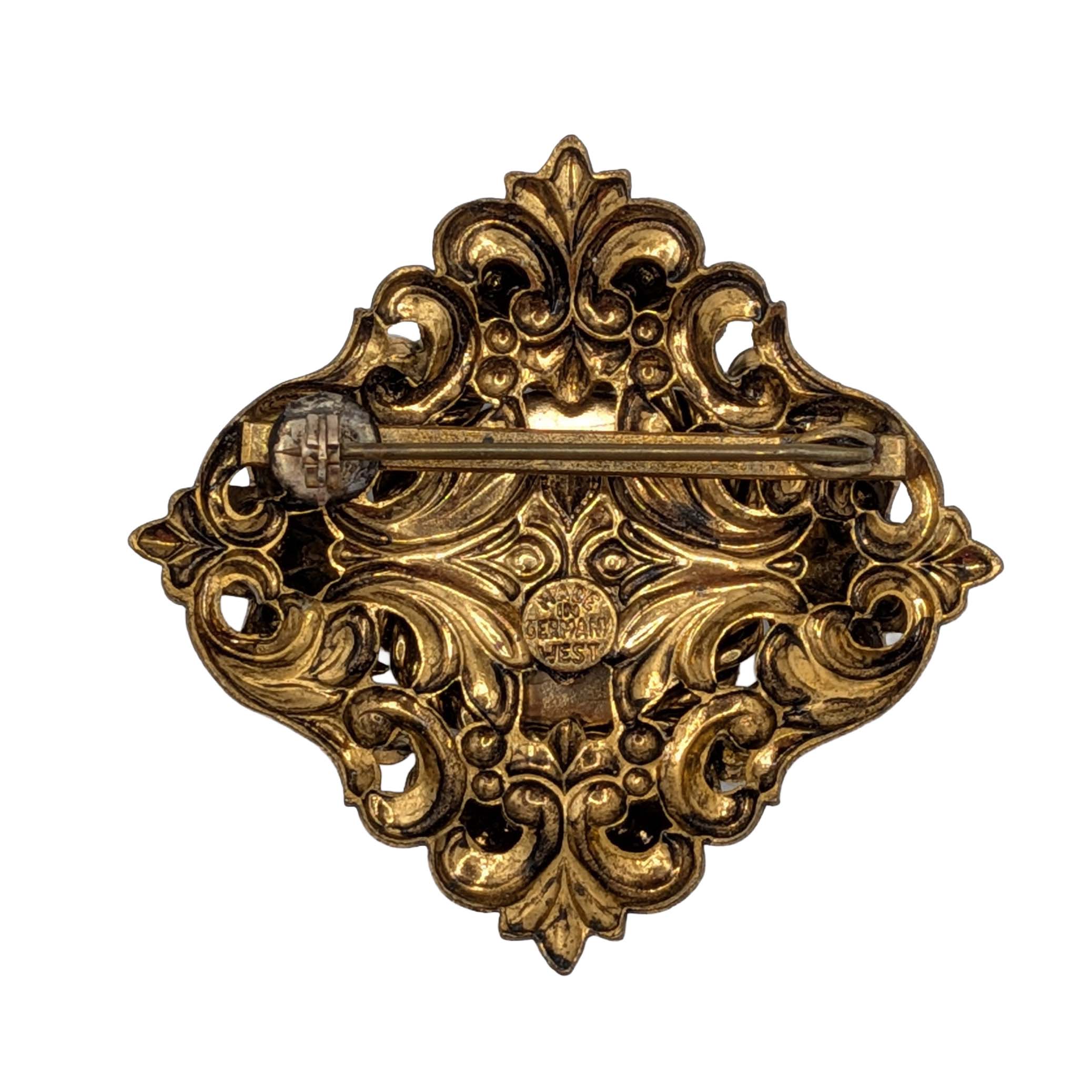 West German Gold Tone Faux Turquoise Faux Pearl Brooch