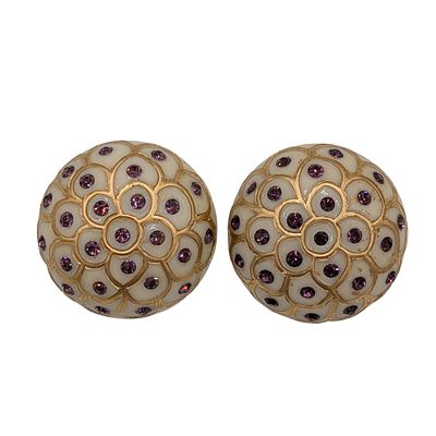 Silver Tone White Resin Purple Rhinestone Dome Earrings. Silver Tone Metal, White Resin, Purple 